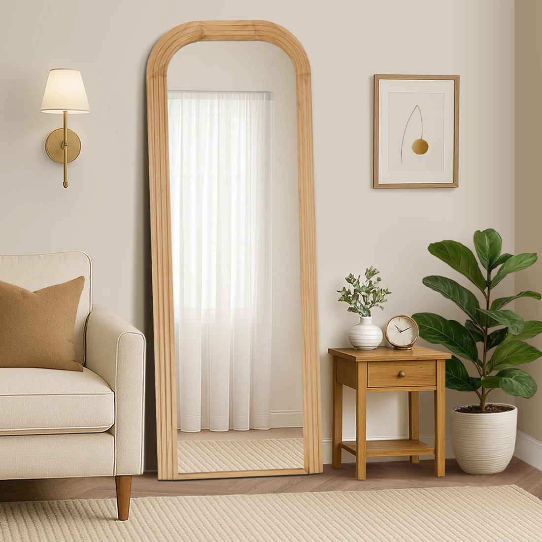 3 Oikiture Full Length Arch Mirror 165x60cm Wood Top Round Corner Bedroom - Natural, 3 of 10