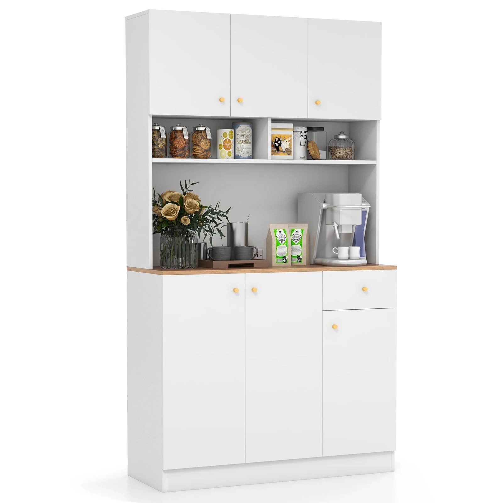 1 Costway Kitchen Pantry Wooden Cupboard Microwave Storage Cabinet w/Adjustable Shelves - White, 1 of 2