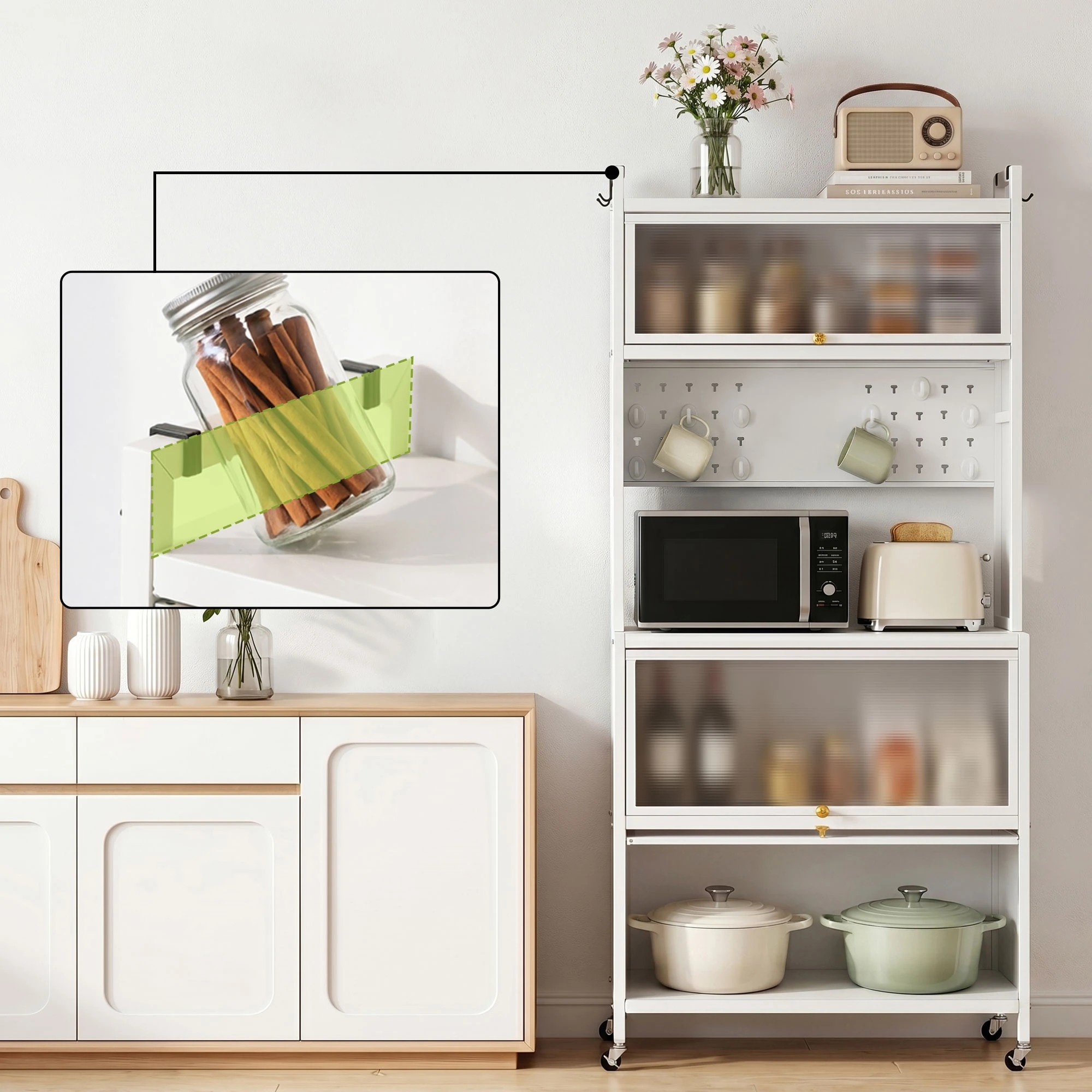 5 Artiss 80CMX164CM Kitchen Cabinet Storage Shelves Pegboard Pantry Cupboard Buffet Sideboard Flip Doors - White, 5 of 10