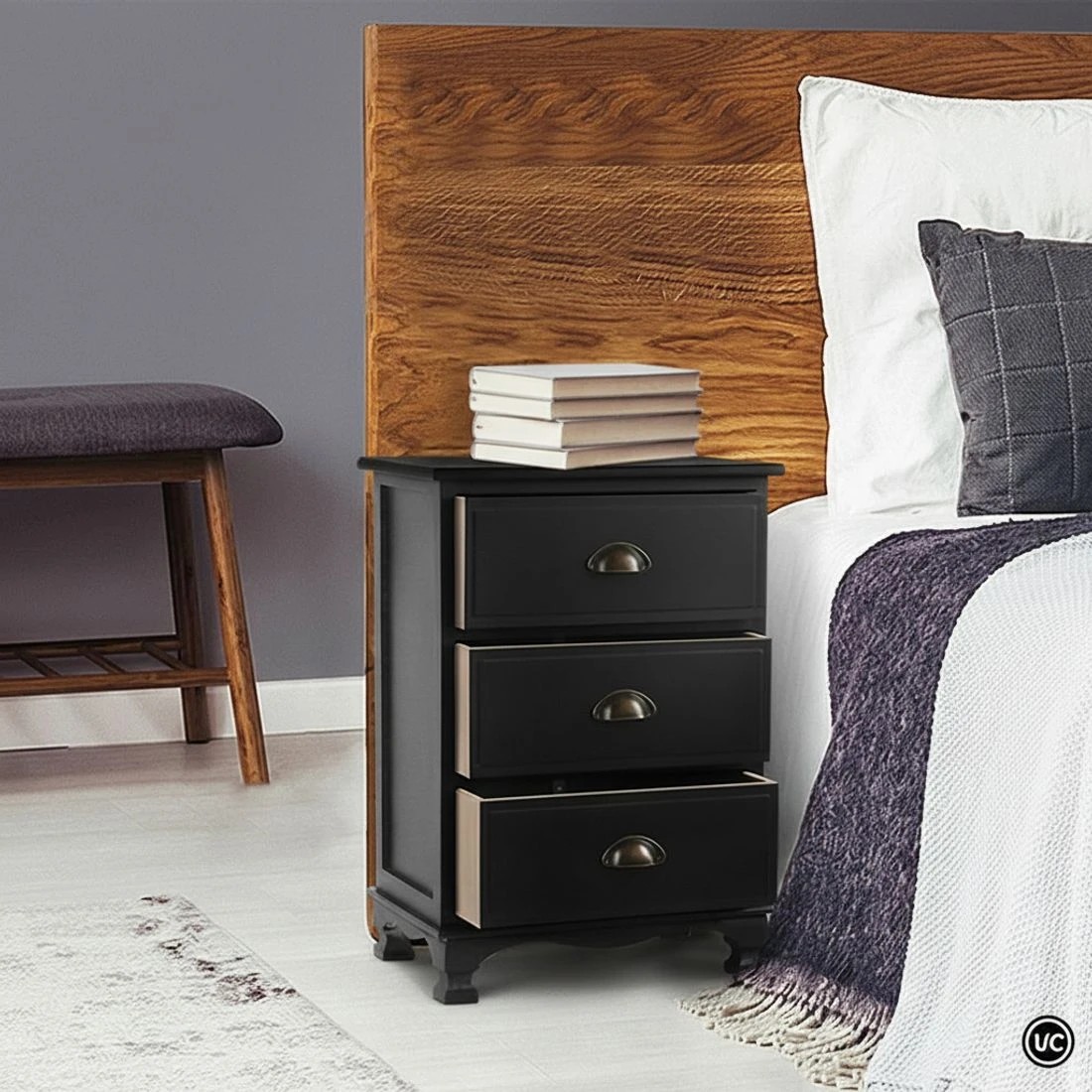 5 Artiss Bedside Table 3 Drawers Vintage - THYME - Black, 5 of 8