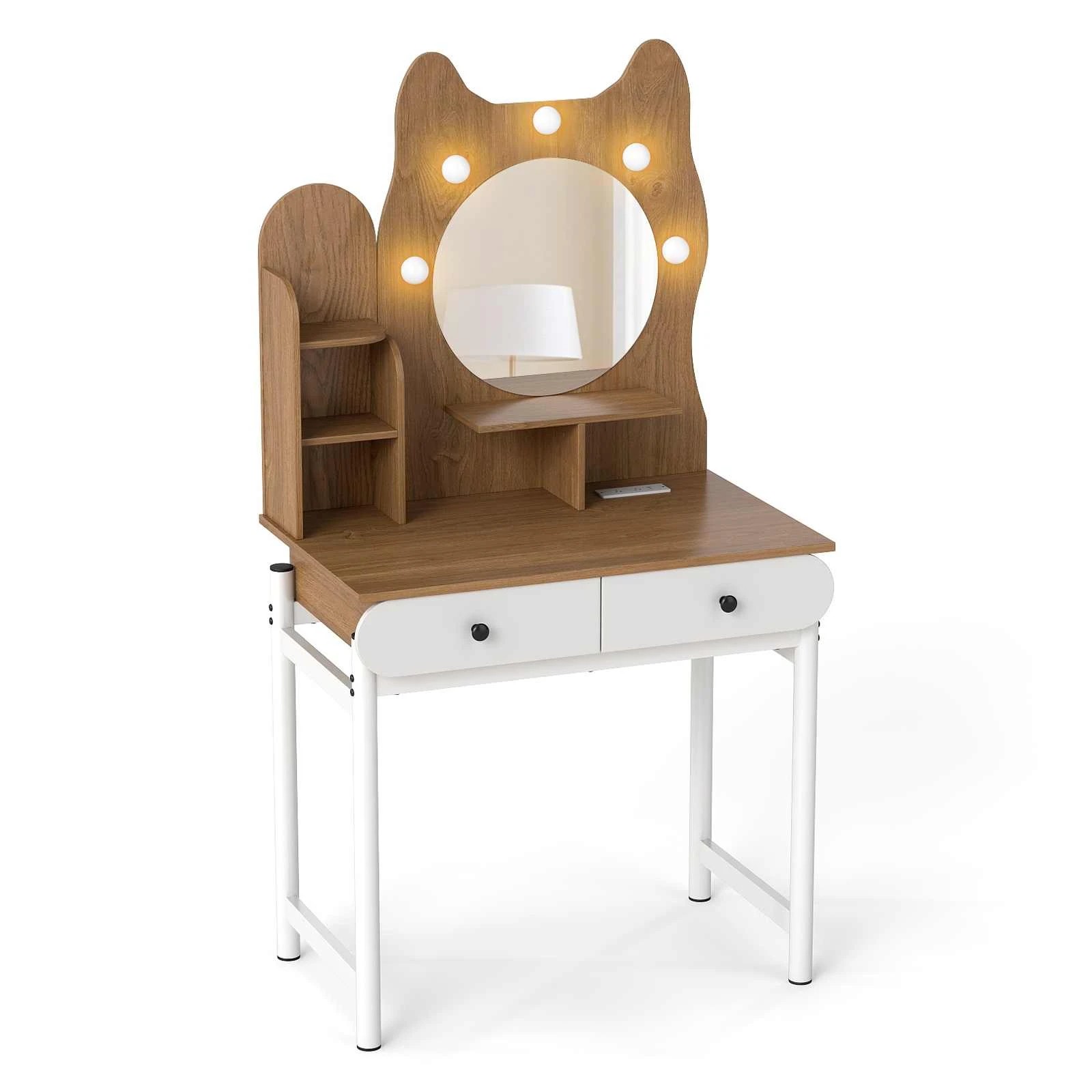 1 Costway Kitty-shaped Dressing Tables LED Lights w/Charging Station, 1 of 4
