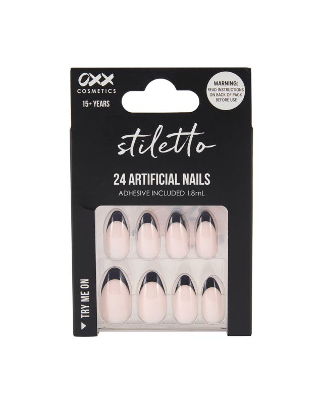 OXX Cosmetics 24 Pack Artificial Nails with Adhesive - Stiletto Shape, Black French