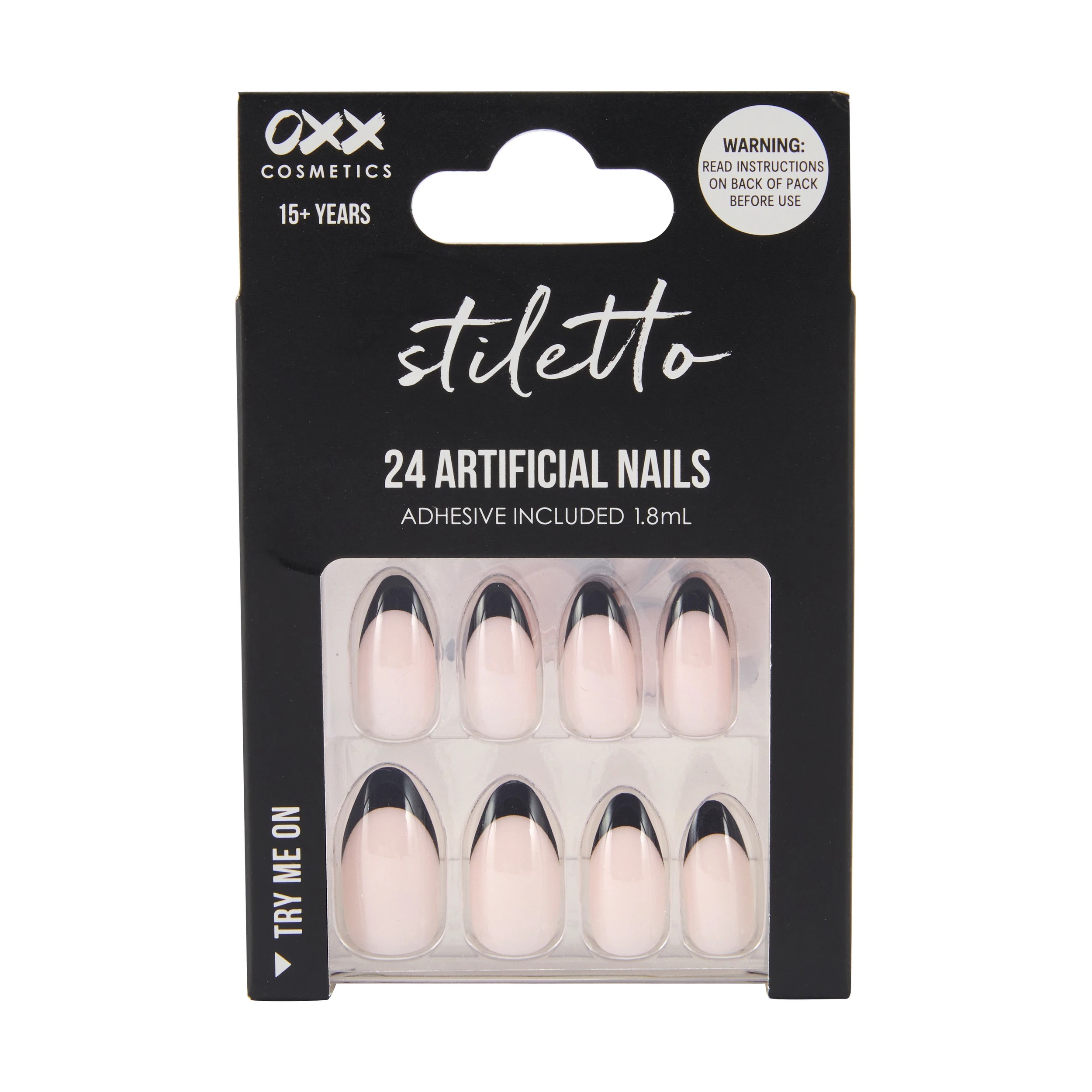 1 OXX Cosmetics 24 Pack Artificial Nails with Adhesive - Stiletto Shape, Black French Tip, 1 of 4