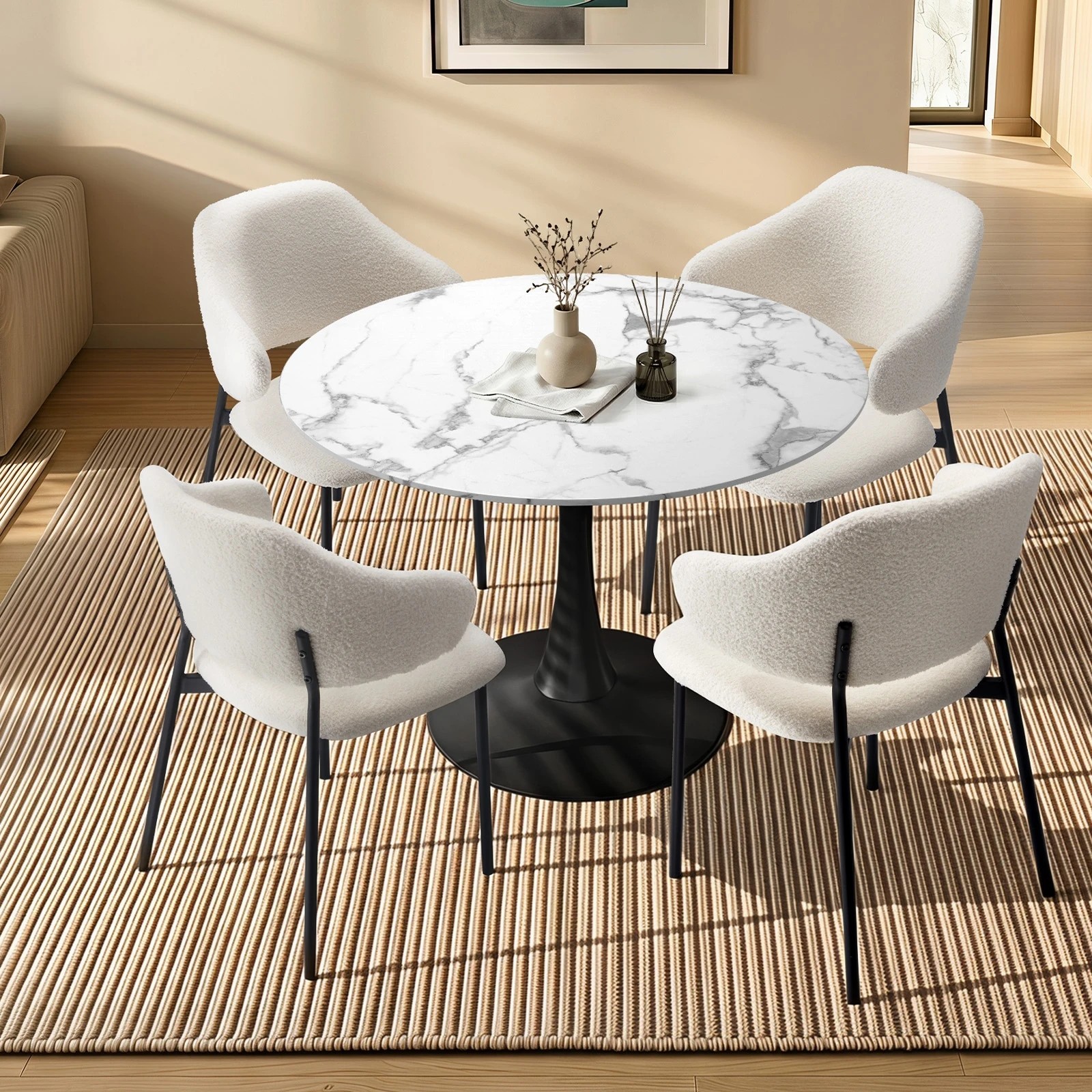 3 Oikiture 5PCS Dining Table Set Round Table Sherpa Dining Chairs -White&Black, 3 of 9