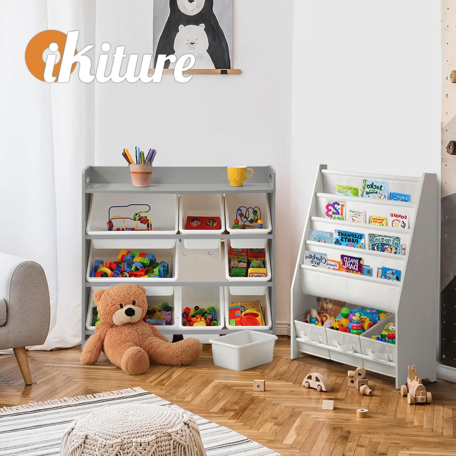 6 Oikiture 9 Bins Kids Toy Box Bookshelf Storage Organiser Display Shelf - Grey, 6 of 9