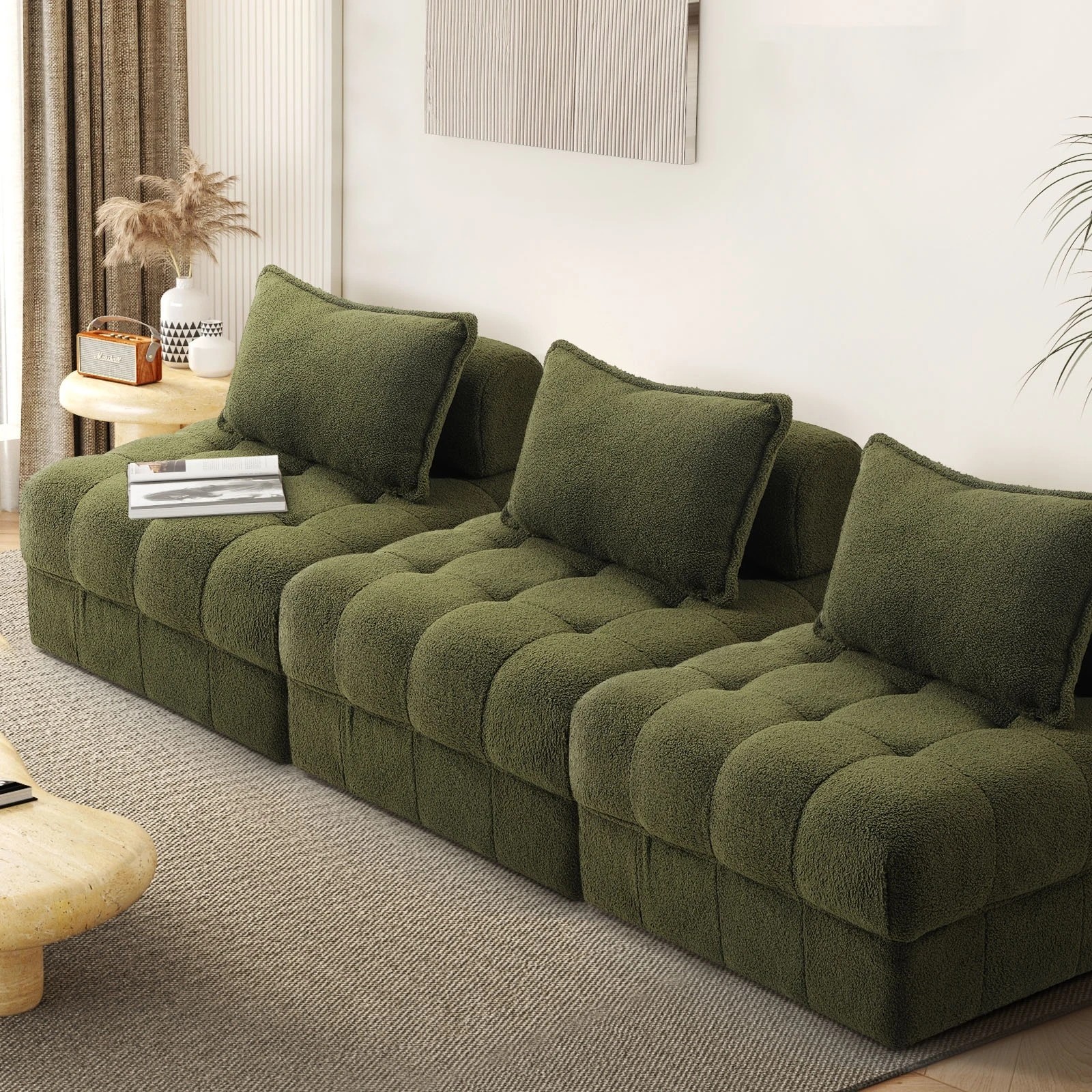 9 Oikiture 3 Seater Boucle Modular Sofa Lounge Chair Armless Tofu Back
 - Green - Green, 9 of 10