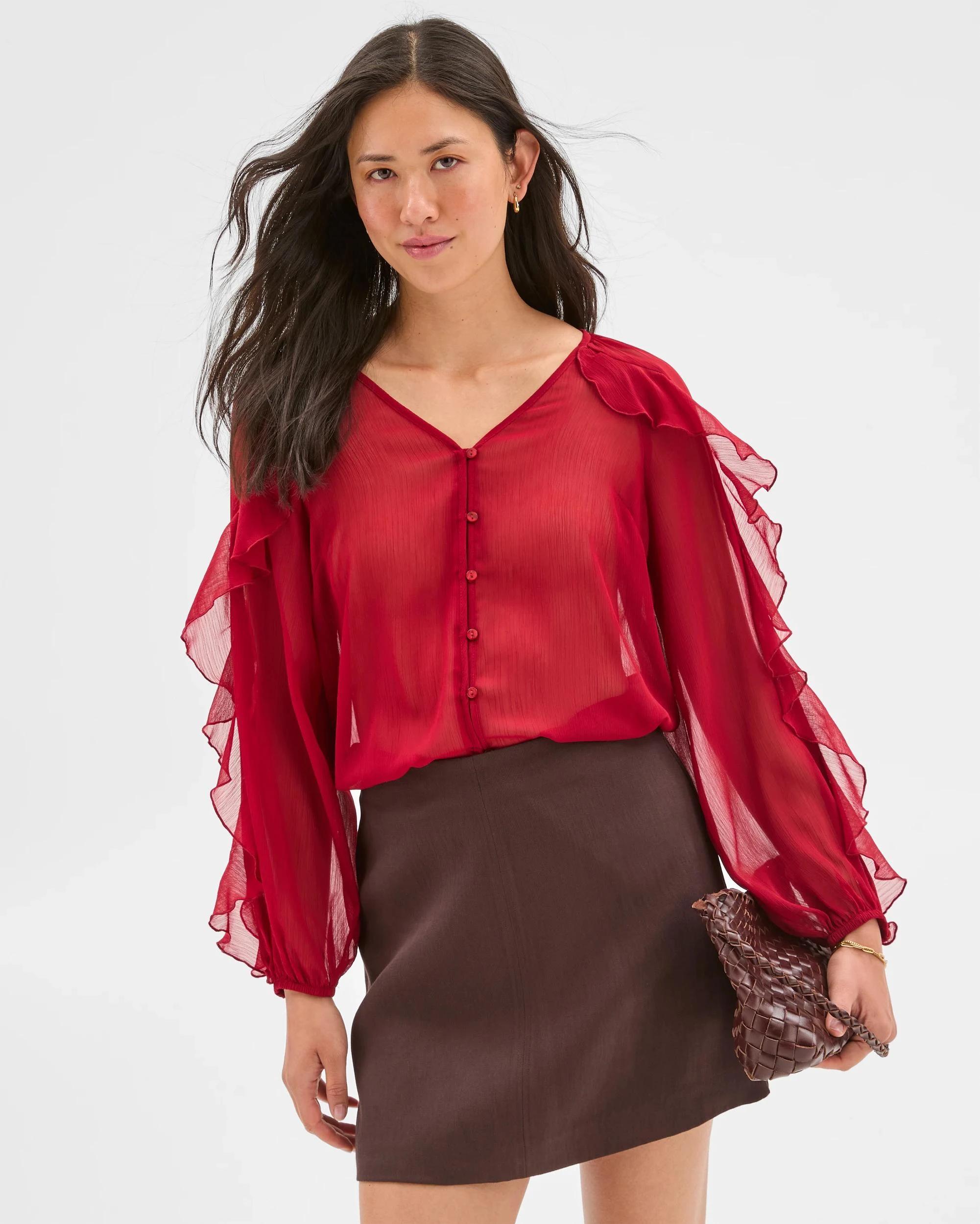 2 Long Sleeve Ruffle Detail Blouse - Preview CRIMSON, 2 of 7