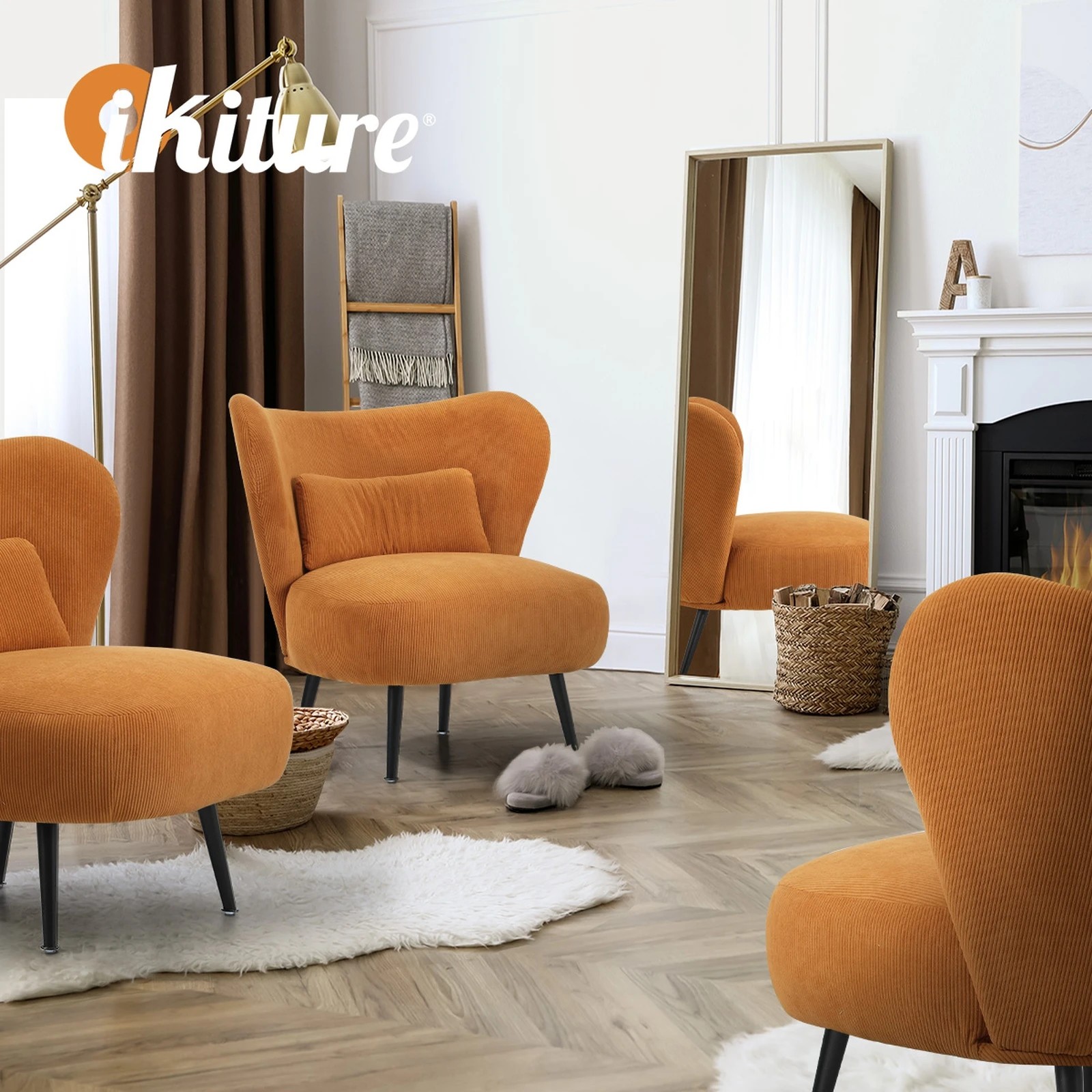 5 Oikiture Armchair Lounge Chair With Lumbar Pillow Wingback Velvet
 - Orange, 5 of 10