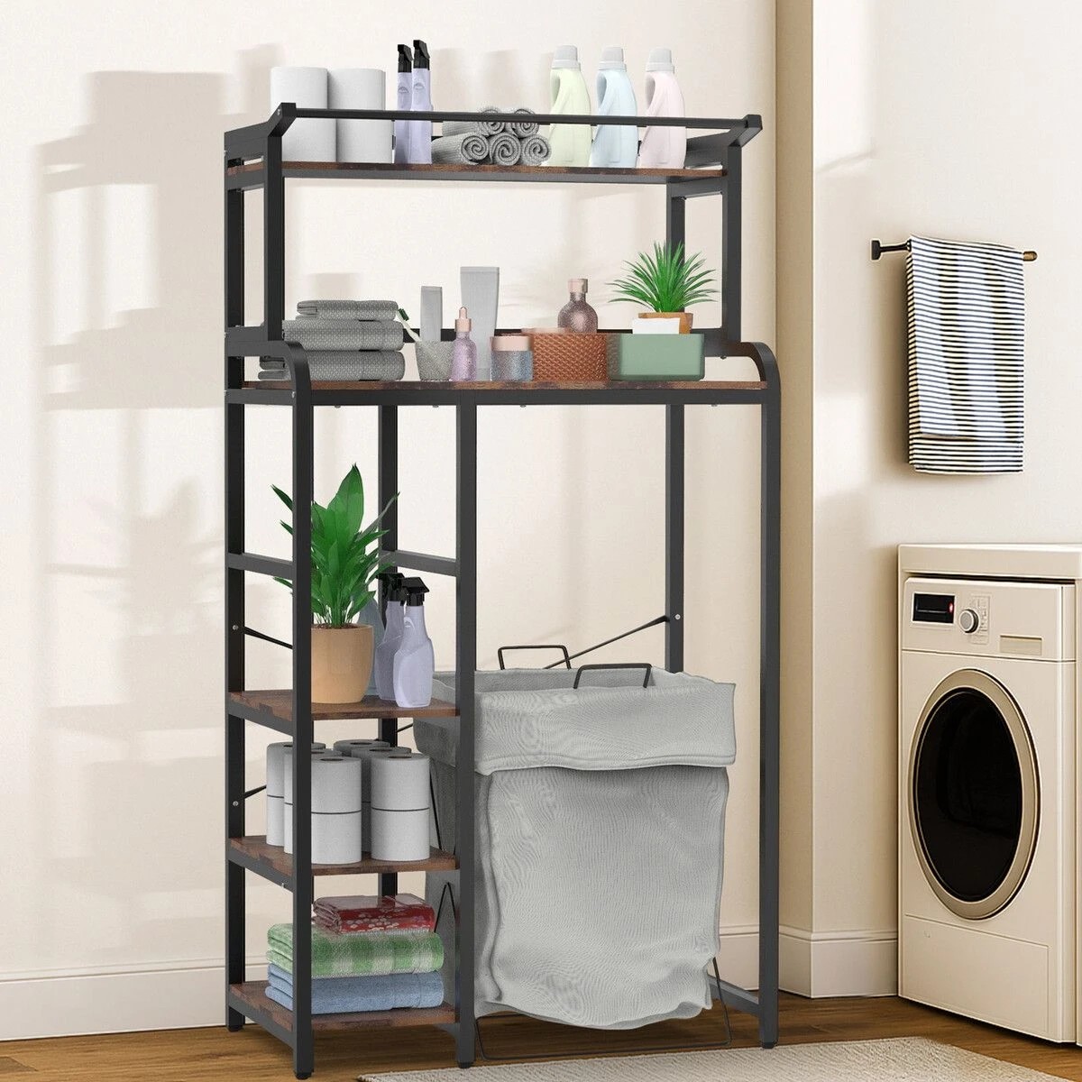 4 LUXSUITE 5 Tier Shelf Laundry Storage Rack Over Above Toilet Washing Machine Bathroom Towel Shelves Organiser Unit, 4 of 5