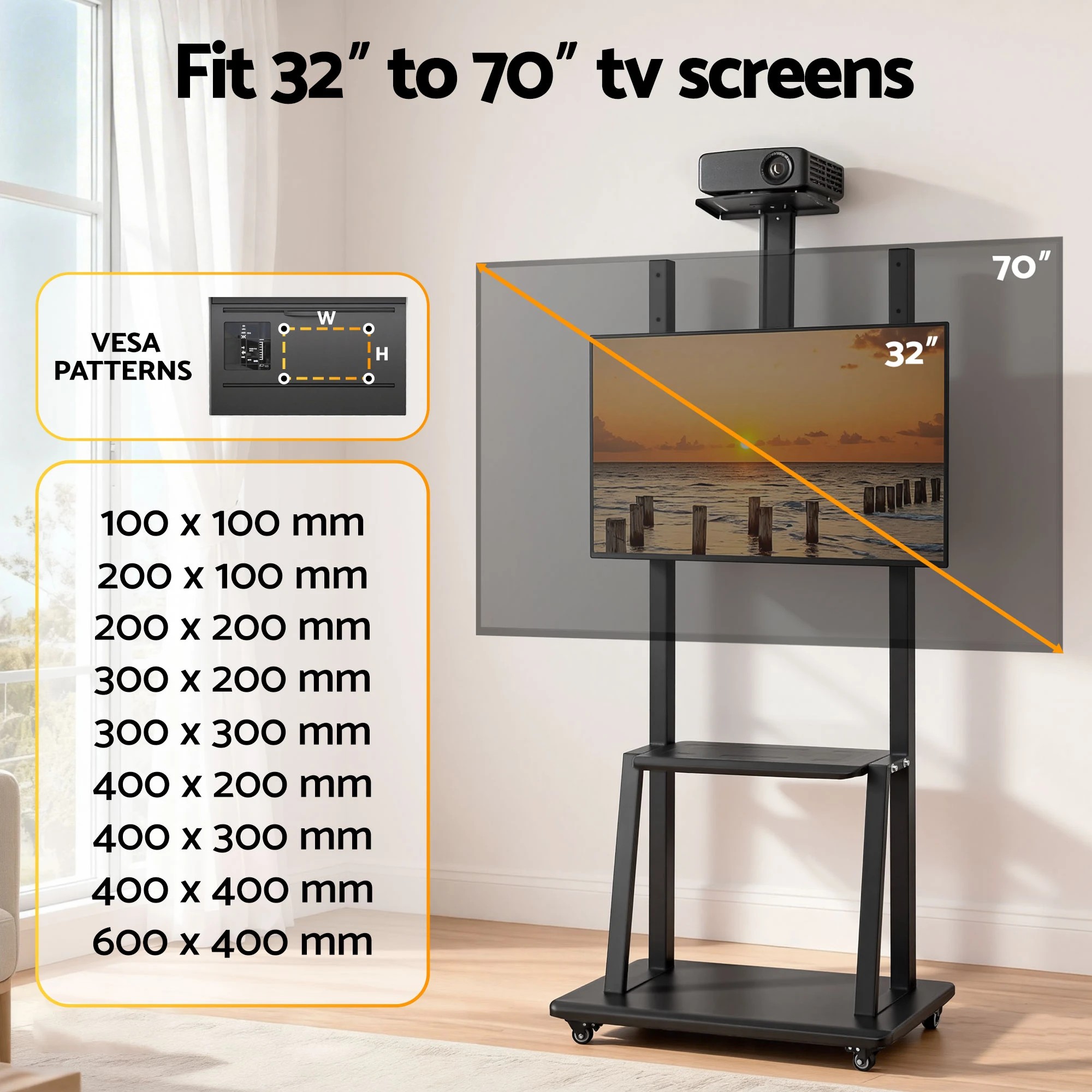 6 Artiss TV Stand  32-70" Universal Mobile Adjustable Height TV Stand with Wheels - Black, 6 of 10