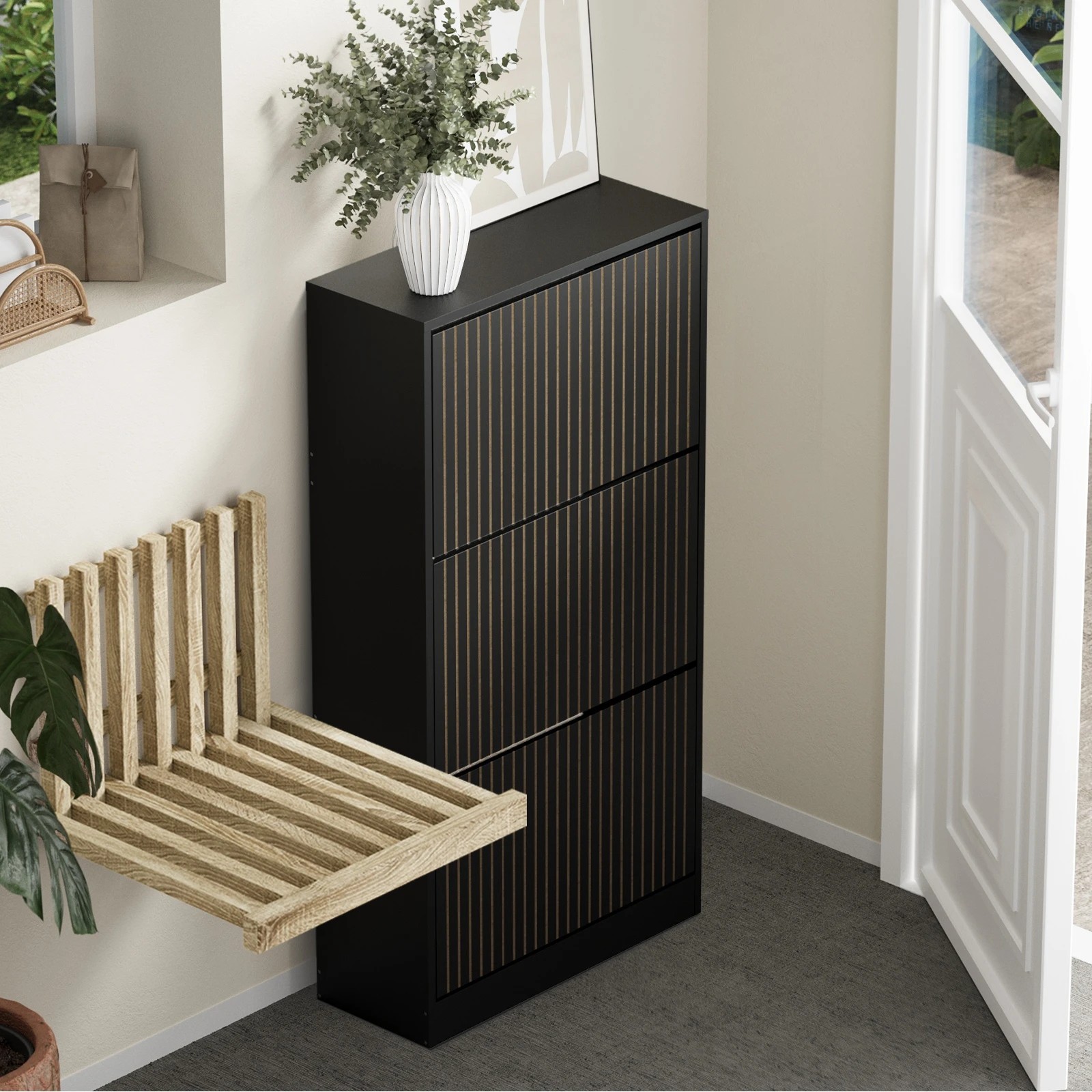 3 Oikiture Shoe Rack Storage Cabinet Organiser Drawers 3 Doors
 - Black, 3 of 9