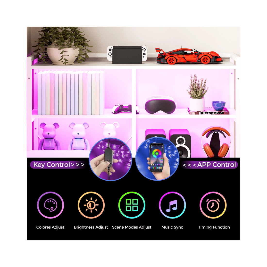 3 Advwin U Shaped Gaming Desk With Led Lights & Power Outlets Reversible 164cm Computer Desk With Bookshelf White, 3 of 10