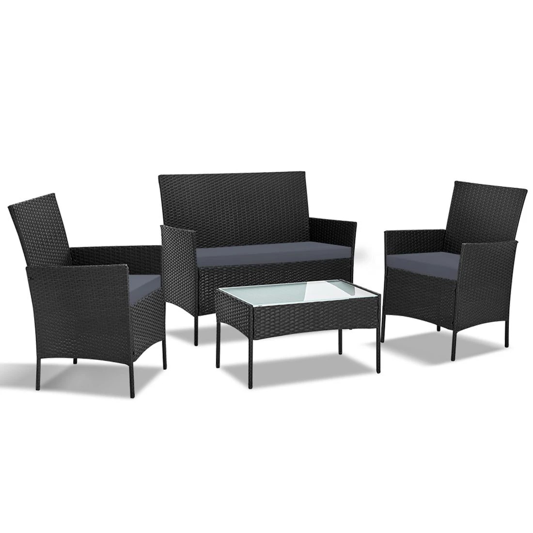 1 Gardeon 4 Seater Outdoor Sofa Set Wicker Setting Table Chair Furniture - Black, 1 of 8
