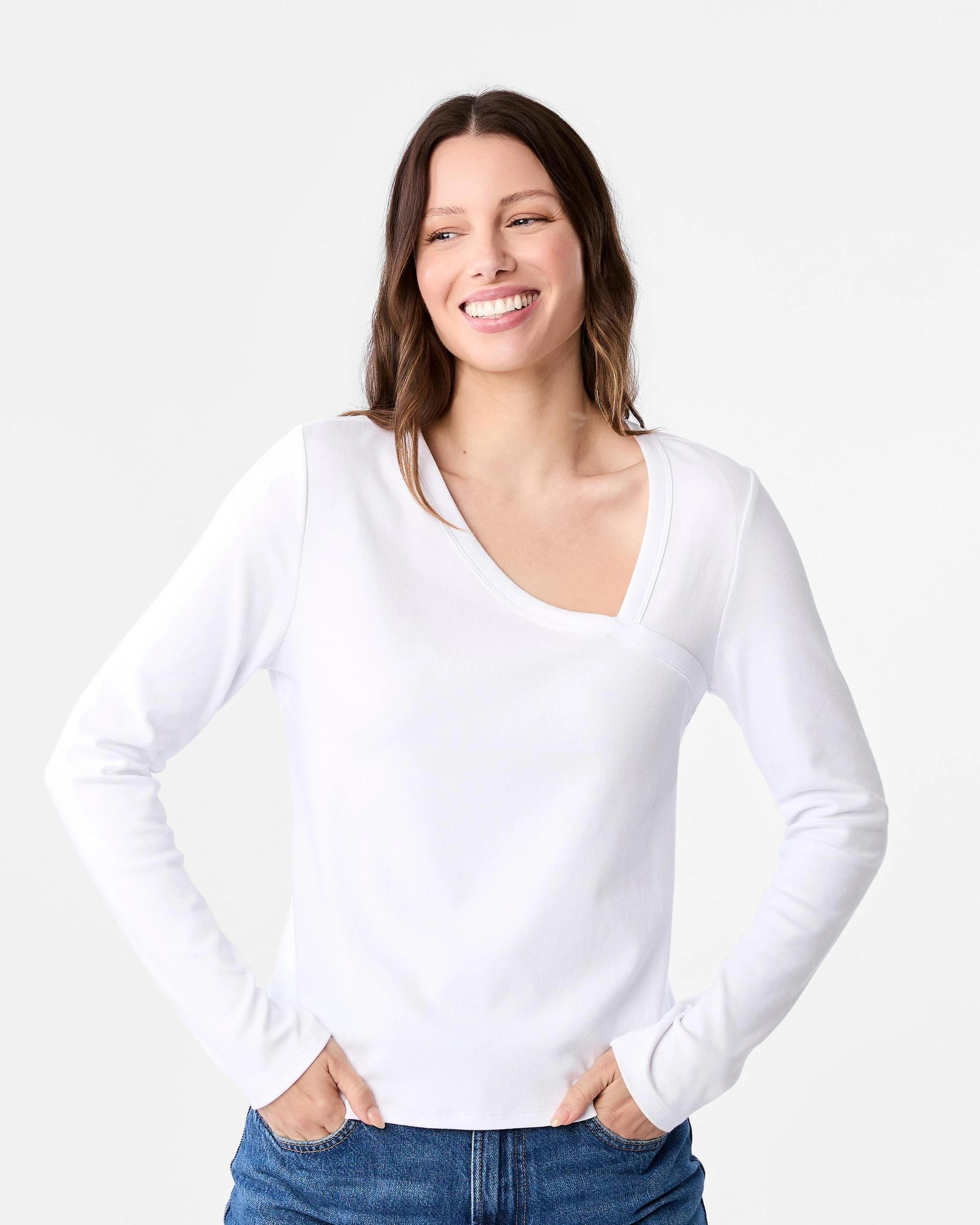 1 Long Sleeve Asymmetric Neck Top White, 1 of 5