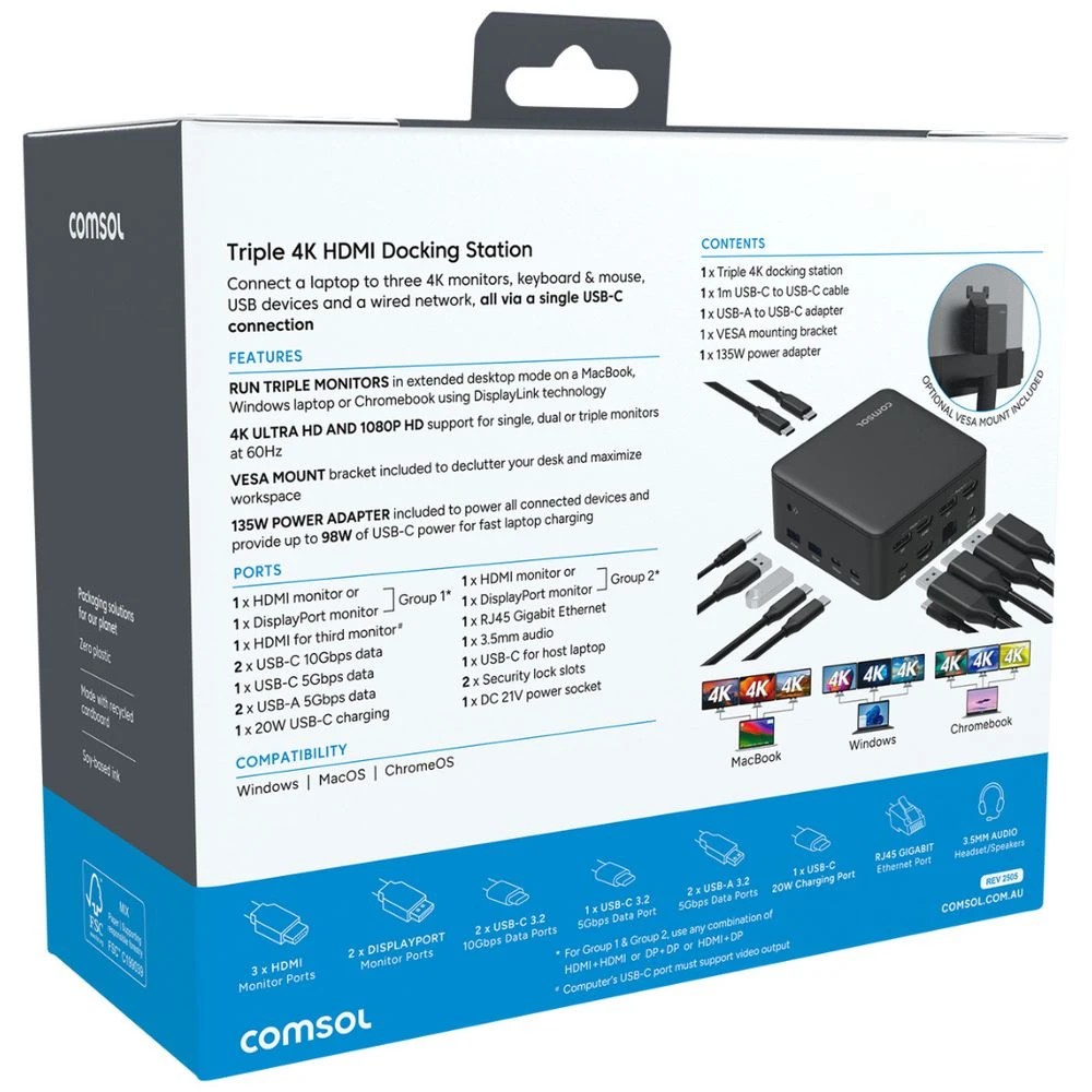 3 Comsol Triple 4K HDMI+DP Docking Station, 3 of 9