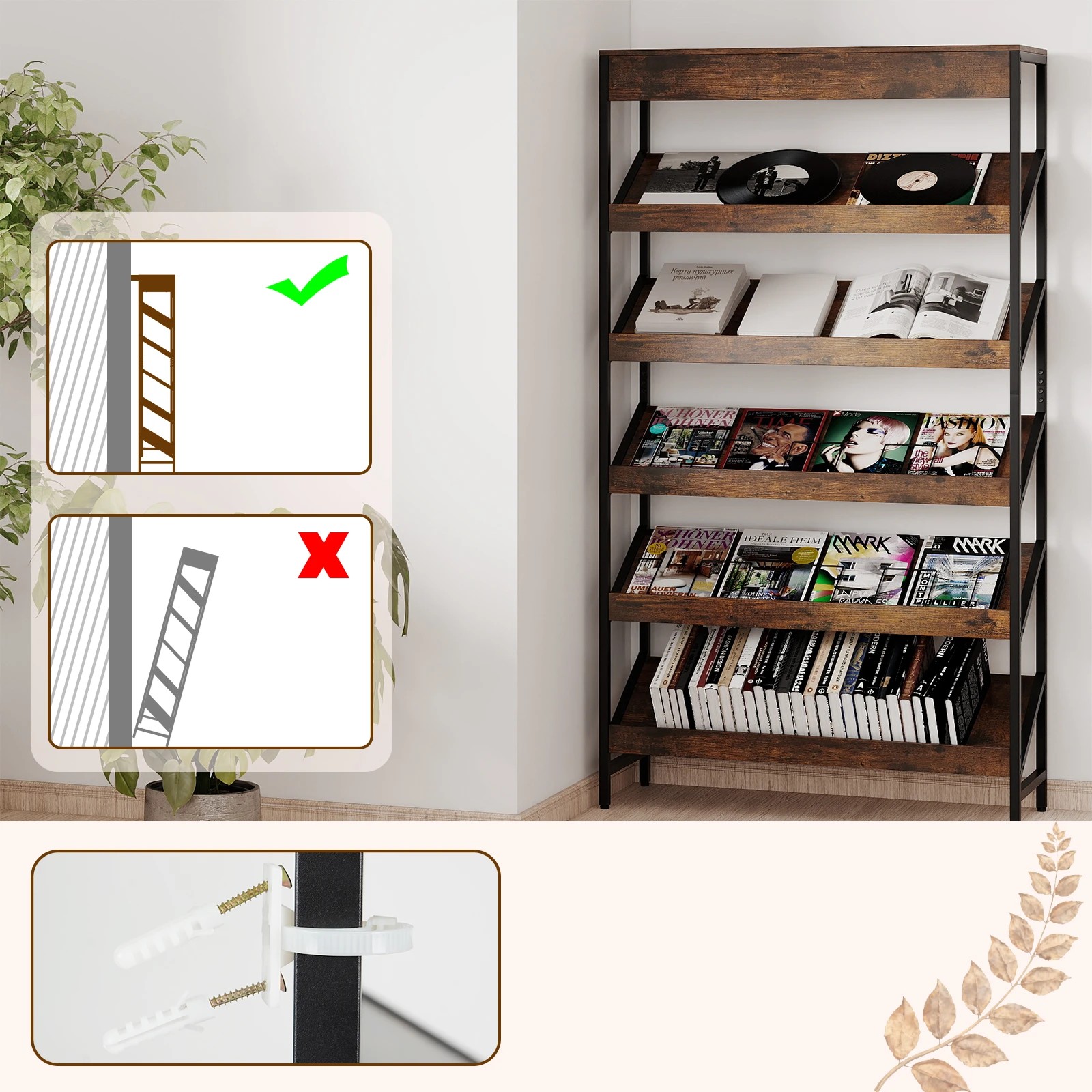 4 Costway 6 Tier Bookshelf 161cm Tall Slant Display Shelf Metal Newspaper Rack Organiser - Brown, 4 of 5