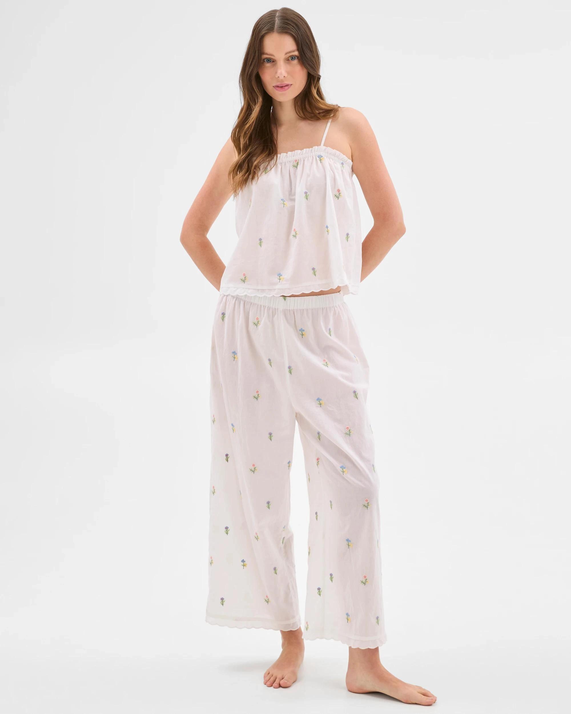 2 Target Woman Womens Australian Cotton Embroidered Cami Long Pyjama Set WHITE, 2 of 7