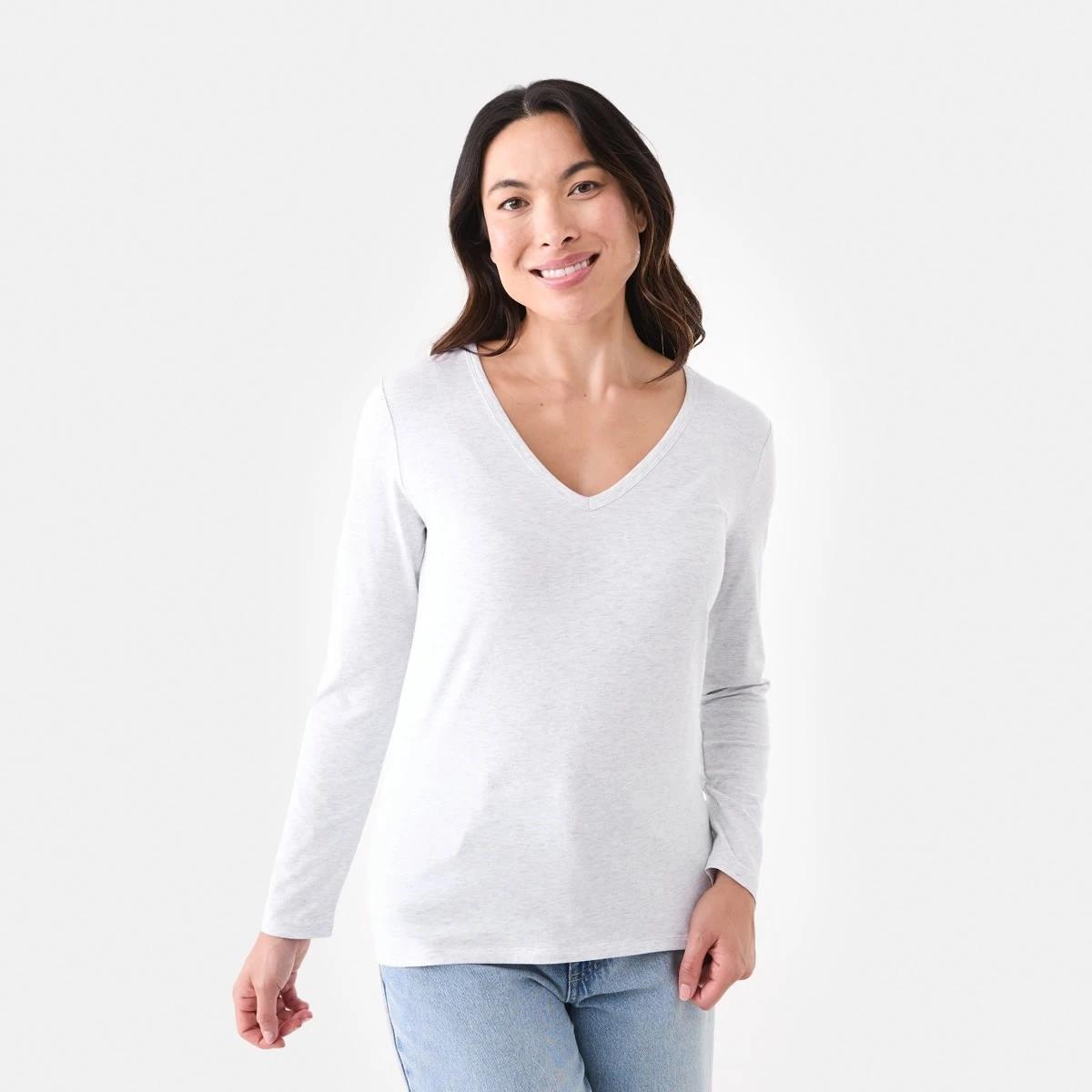 1 Long Sleeve Stretch V-Neck T-shirt Wht Marle, 1 of 5