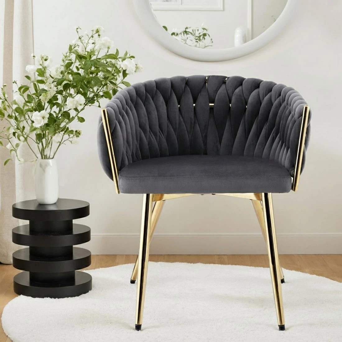5 Artiss Dining Chair Velvet Weaving Armchair Vanity Chairs - Grey, 5 of 6