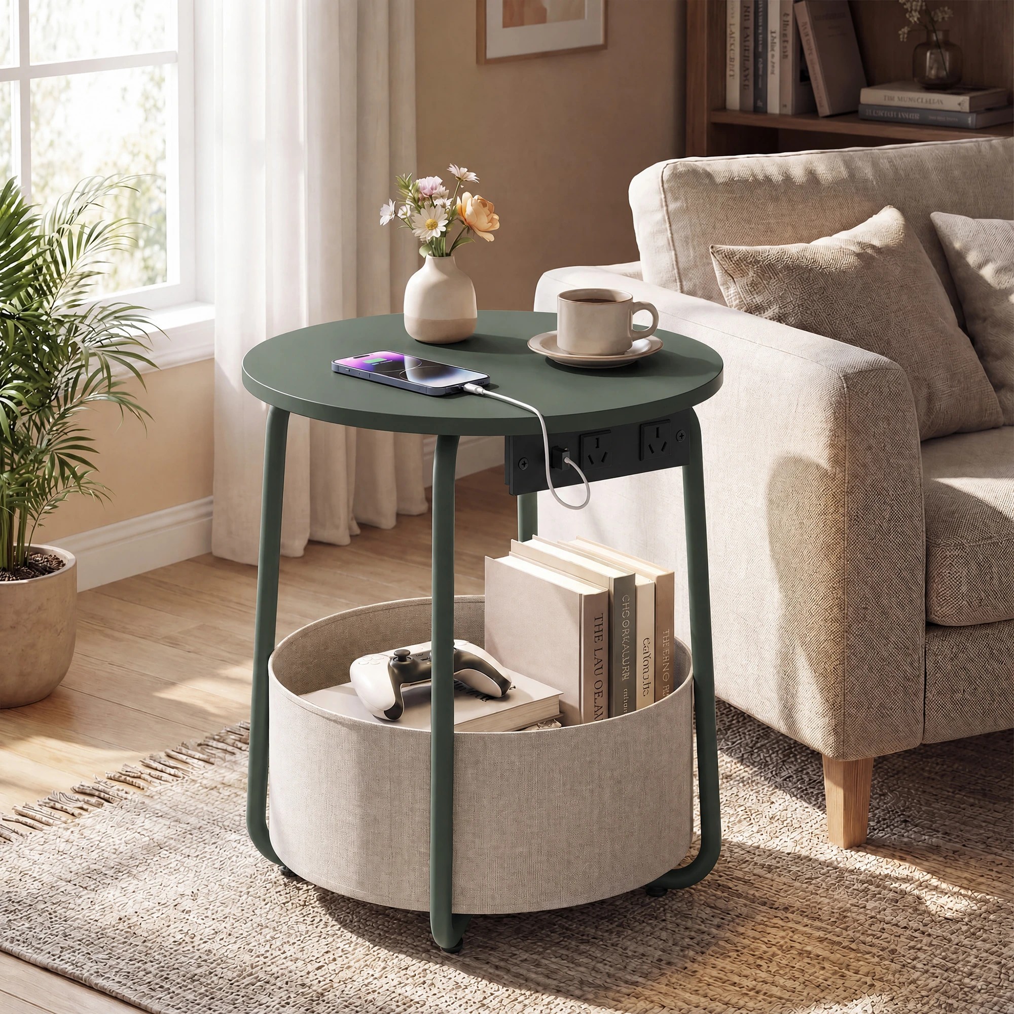 3 Advwin Small Round Side Table with Charging Station Nightstand with Fabric Basket - Green, 3 of 8