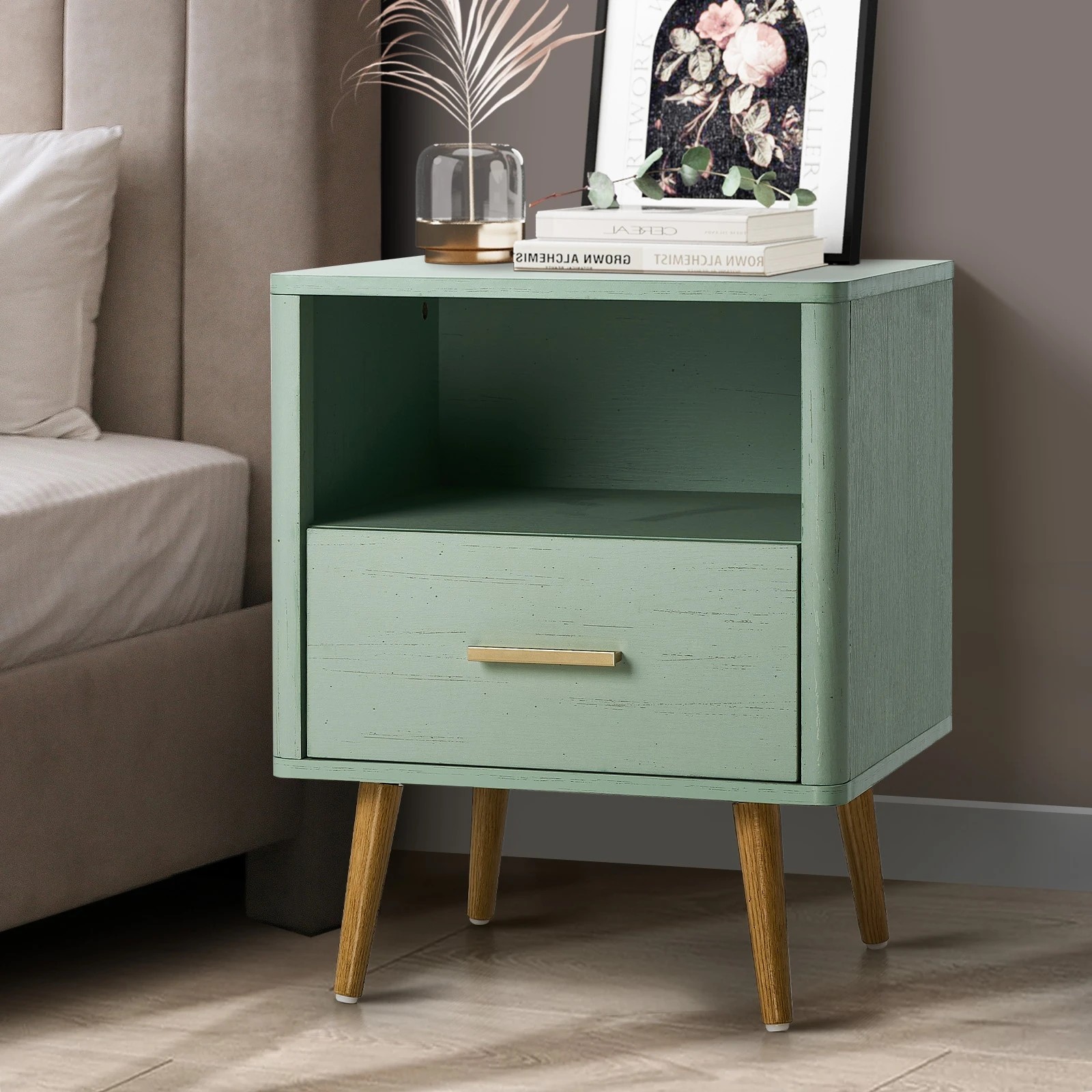 2 Oikiture Bedside Table 1 Drawer Open Shelf Side End Tables Nightstand
 - Green, 2 of 10