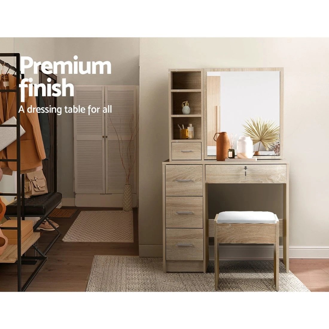 5 Artiss Dressing Table Stool Set Sliding Mirror - Brown, 5 of 8