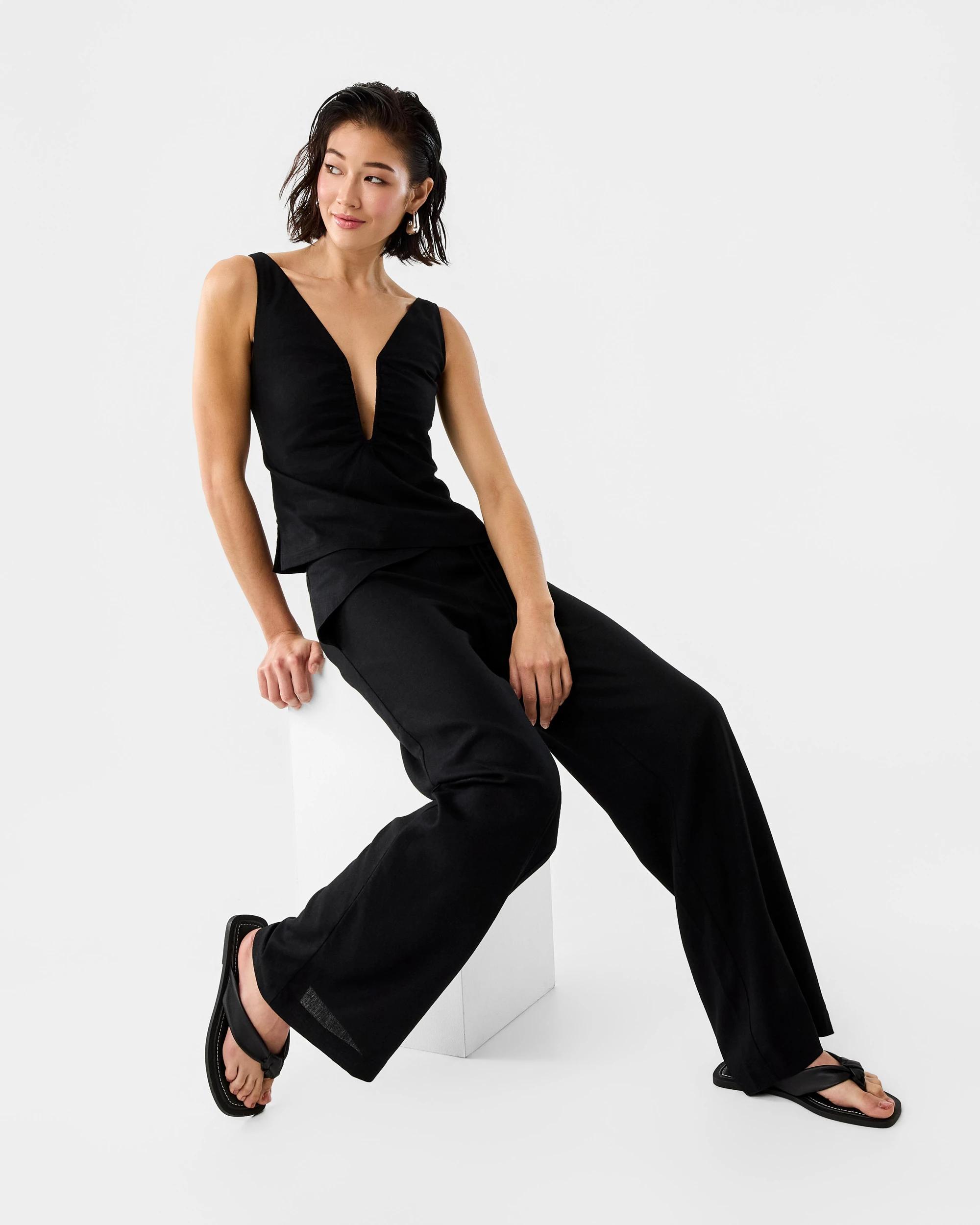 7 Linen Blend Tie Detail Pants Black, 7 of 7