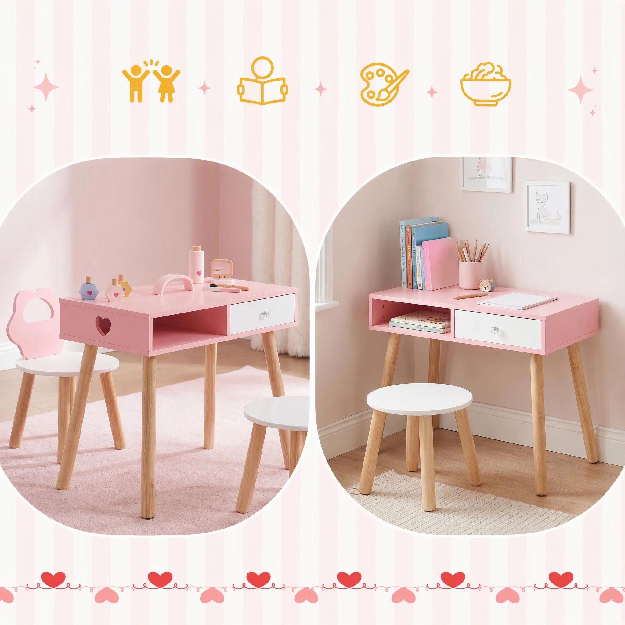 3 Costway Table Chair & Stool Set Pretend Nail Salon Playset - Pink, 3 of 9