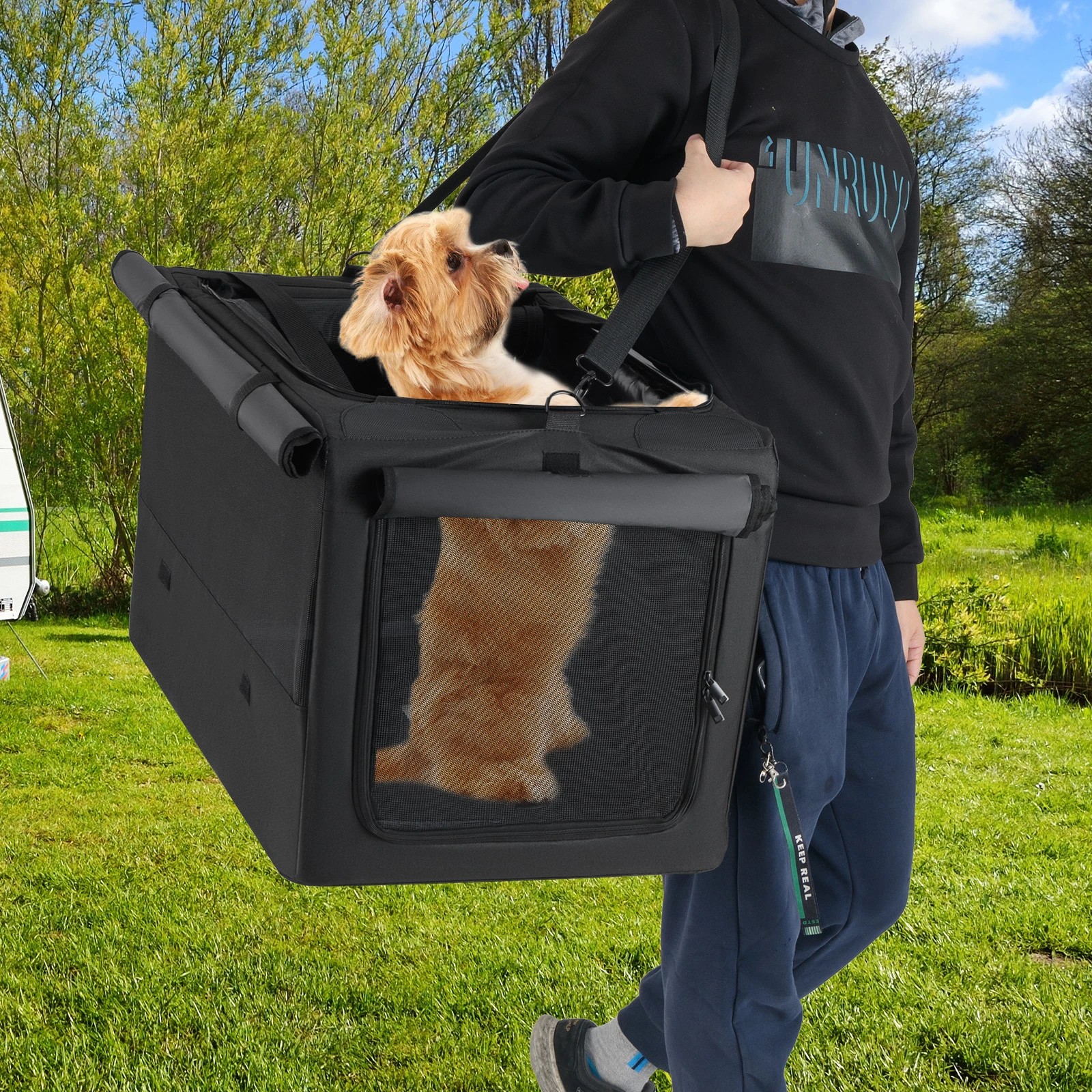 4 Costway Folding Pet Carrier Portable Dog Crate w/Breathable Mesh 90 x 76 x 48cm, 4 of 6