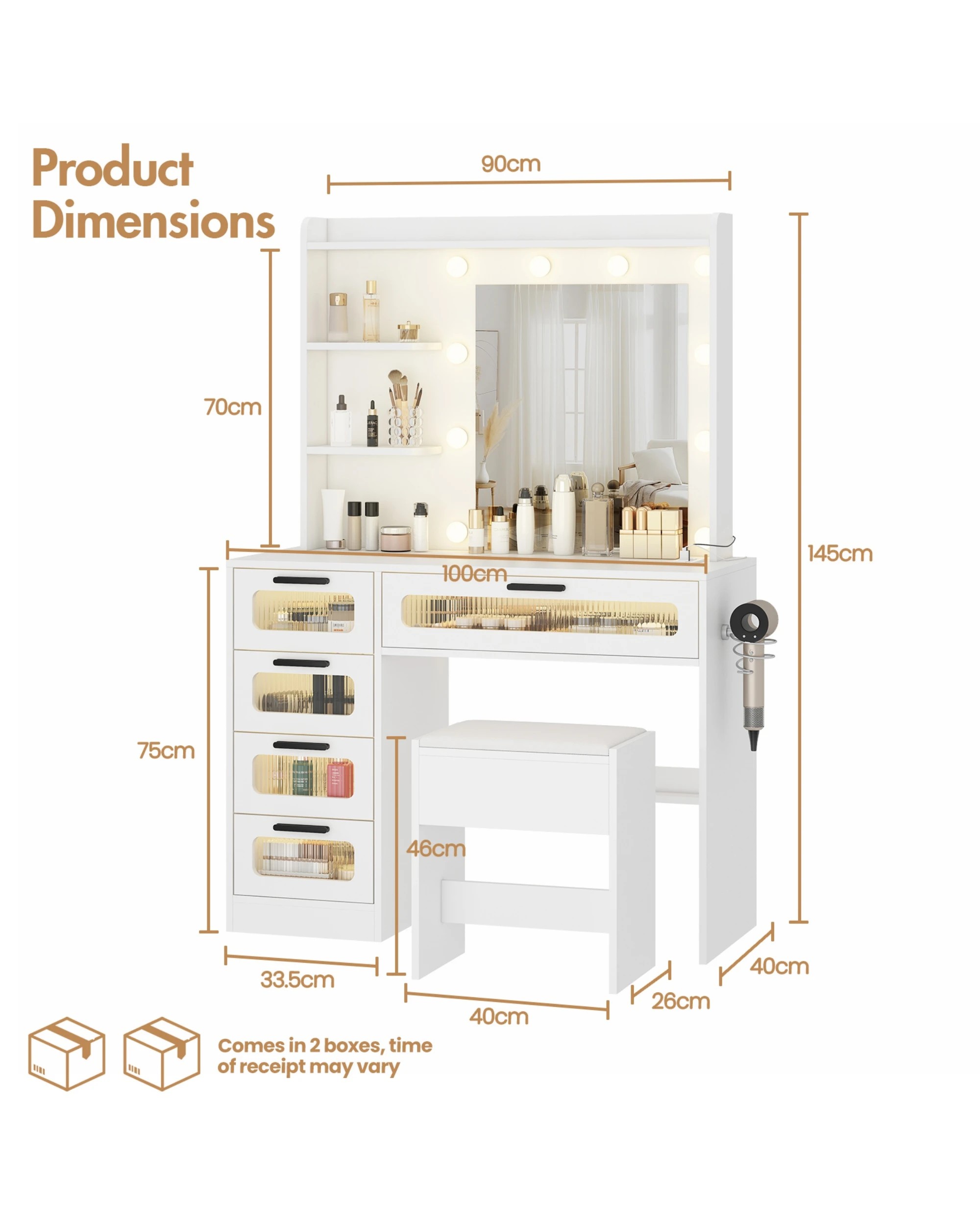 8 Advwin Dressing Table Stool Set With Mirror 10 Led Bulbs Vanity Desk
 - White, 8 of 9