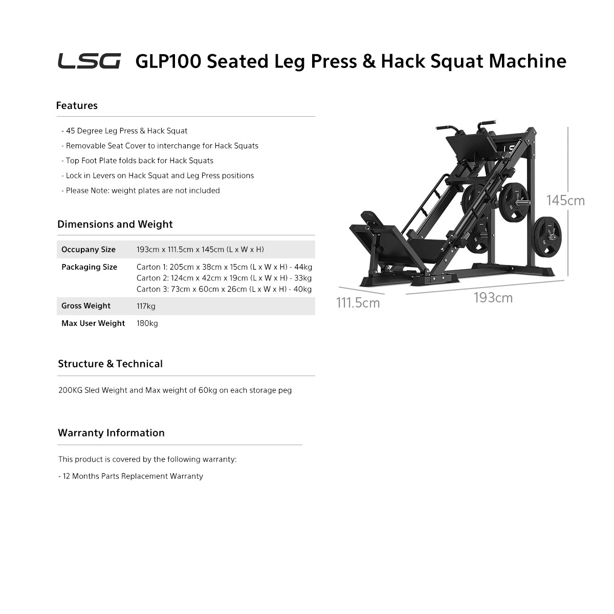 9 LSG GLP100 Seated Leg Press & Hack Squat Machine Machine - Black, 9 of 9