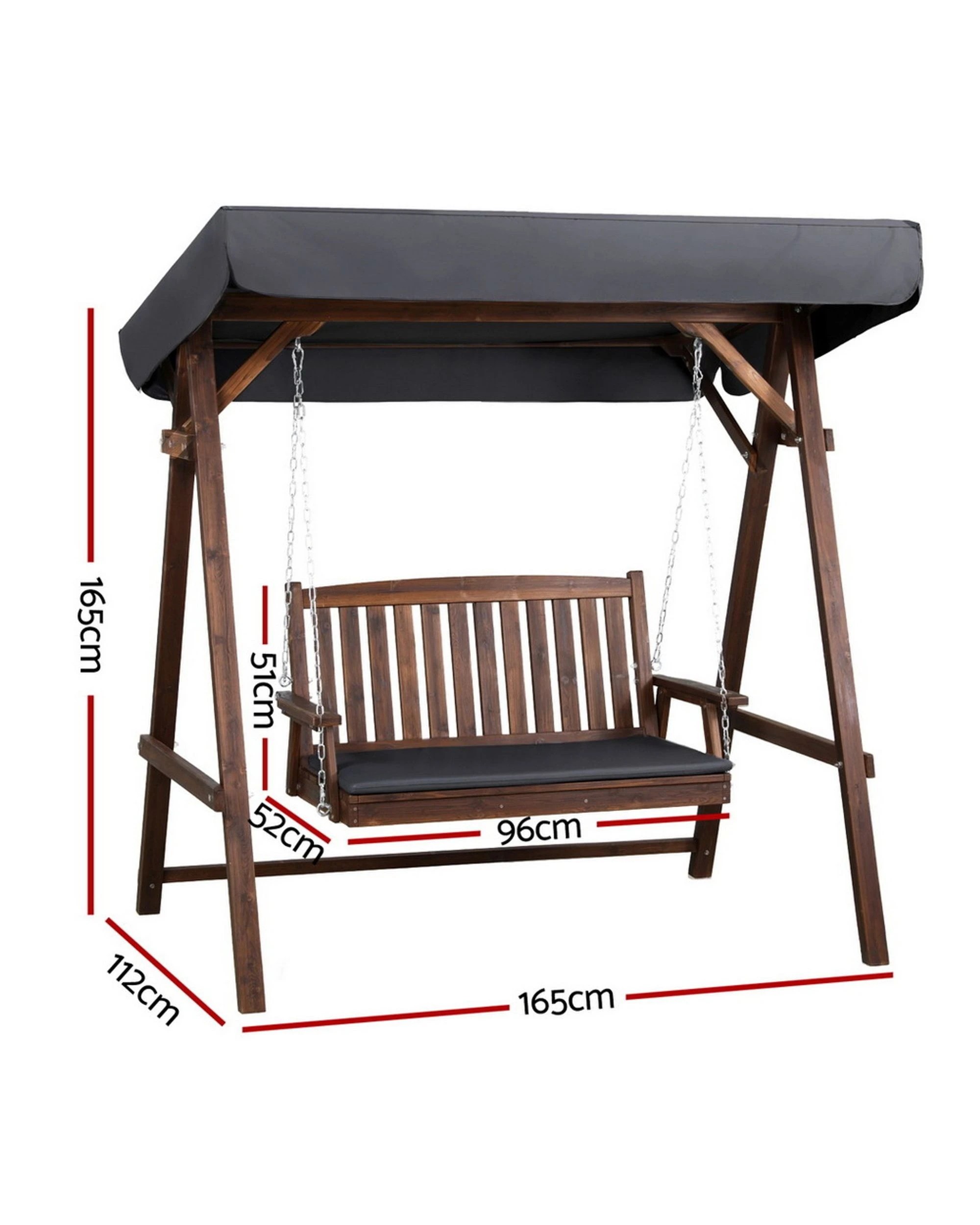 2 Gardeon Outdoor Wooden Swing Chair Garden Bench Canopy Cushion 2 Seater - Charcoal, 2 of 6