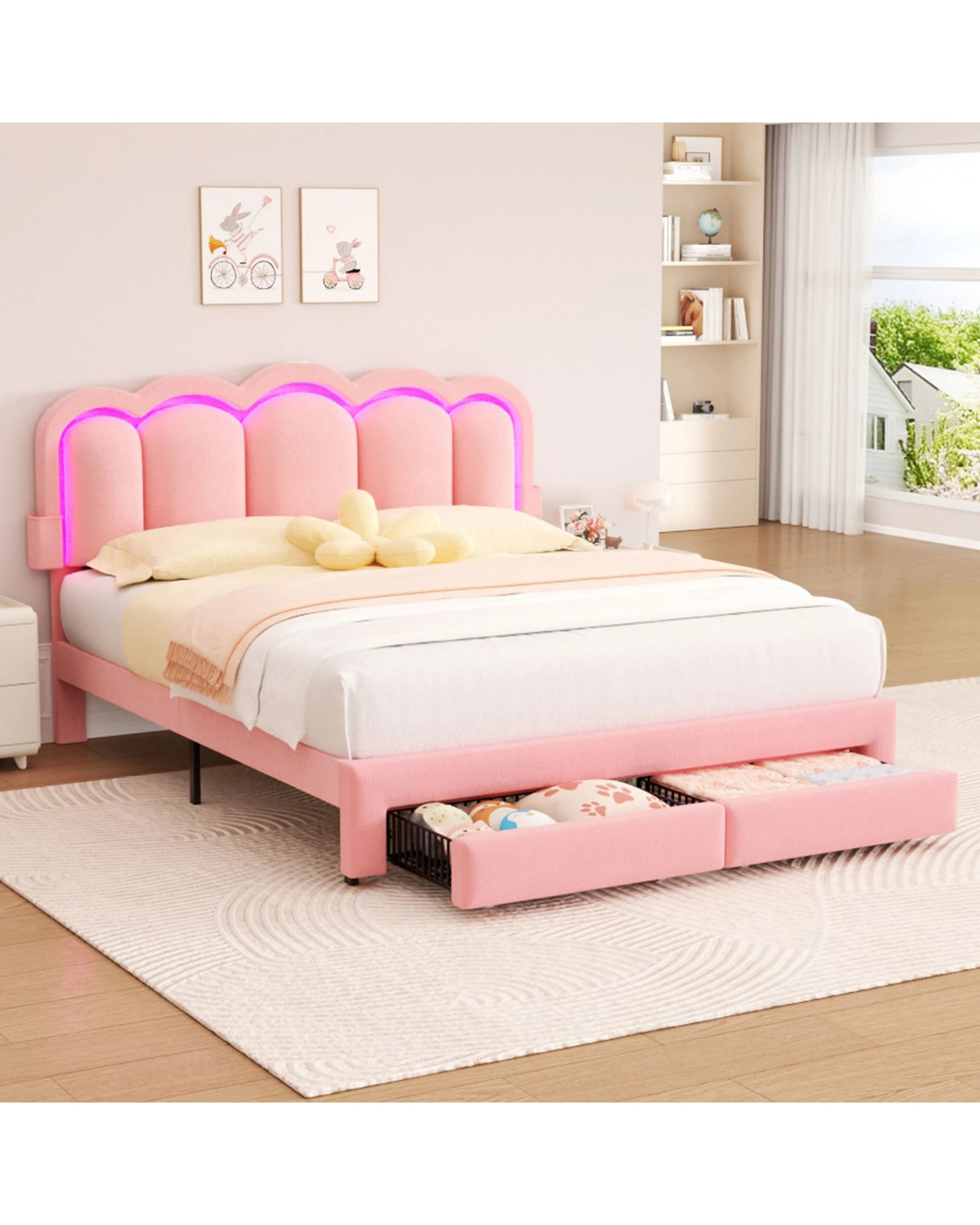 6 Advwin LED Bed Frame with Adjustable Headboard and 2 Storage Drawers USB Velvet Double - Pink, 6 of 8