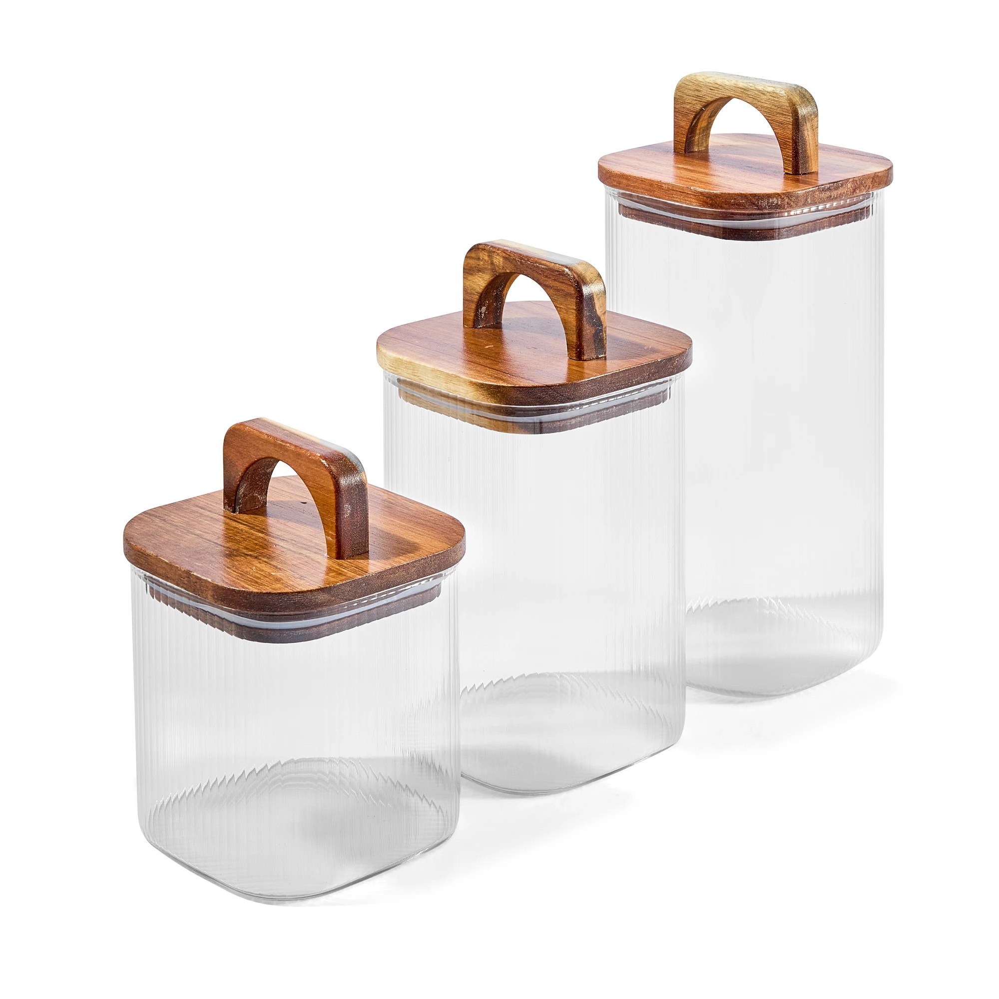 2 Set of 3 Linear Glass Canisters with Acacia Lids, 2 of 7