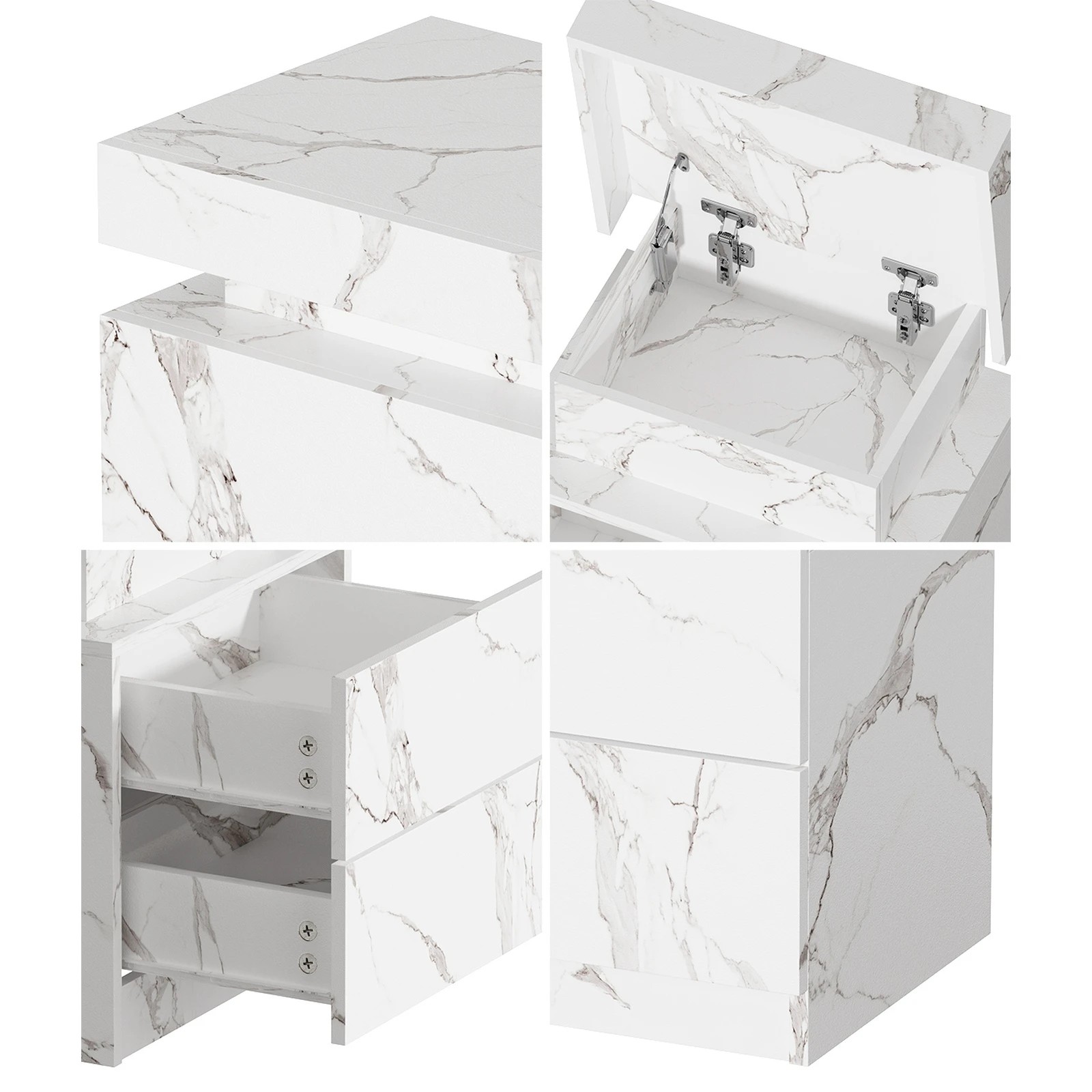4 Oikiture 2x Bedside Table 2 Drawers LED Nightstand Marble Effect - White, 4 of 7
