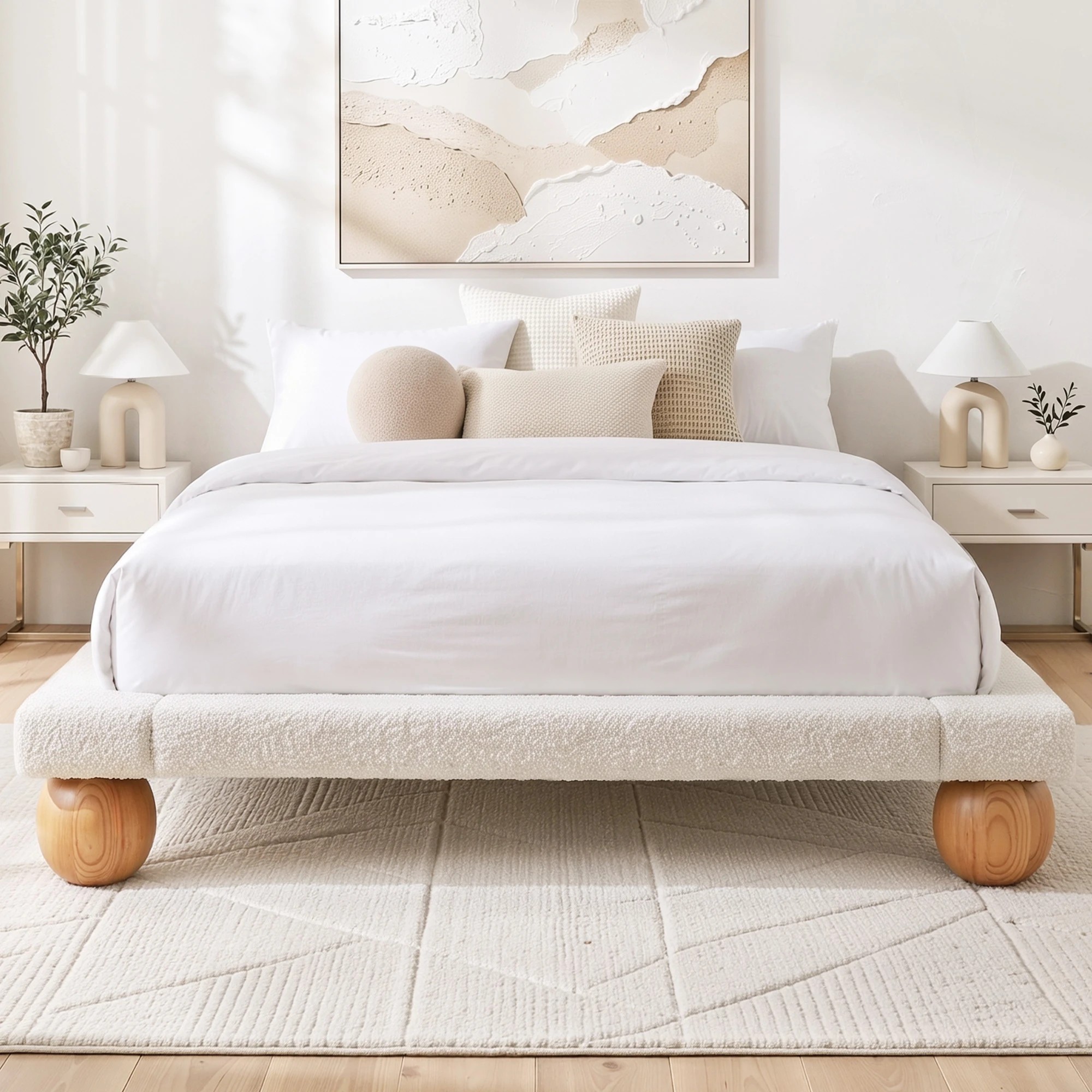 1 Artiss Bed Frame with Boucle Upholstery and Solid Rubber Wood Legs - Queen Bed - Beige, 1 of 10