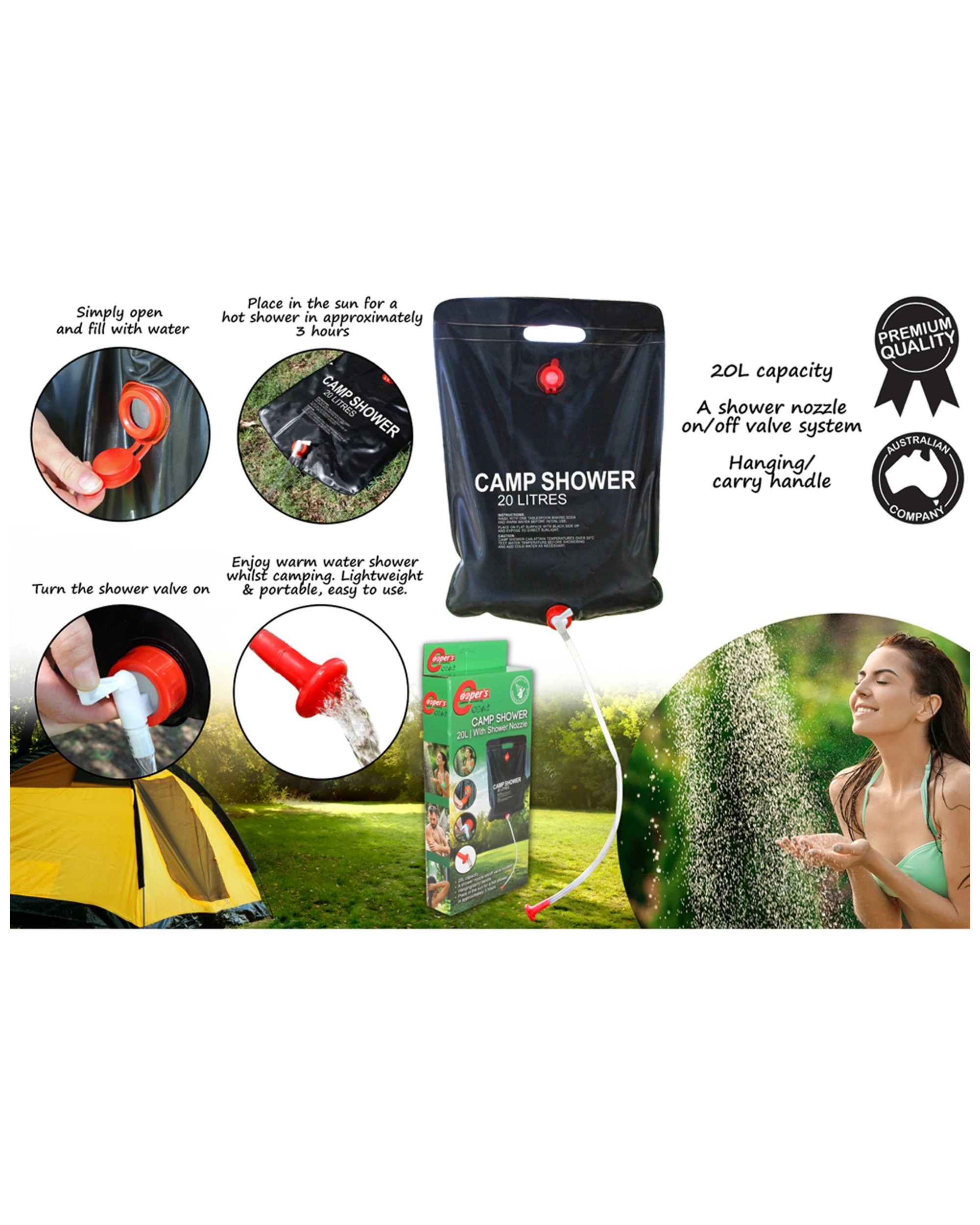 3 Wildtrak Camping Solar Shower 20L 2 Pack Outdoor Portable PVC With Hose - Black, 3 of 3