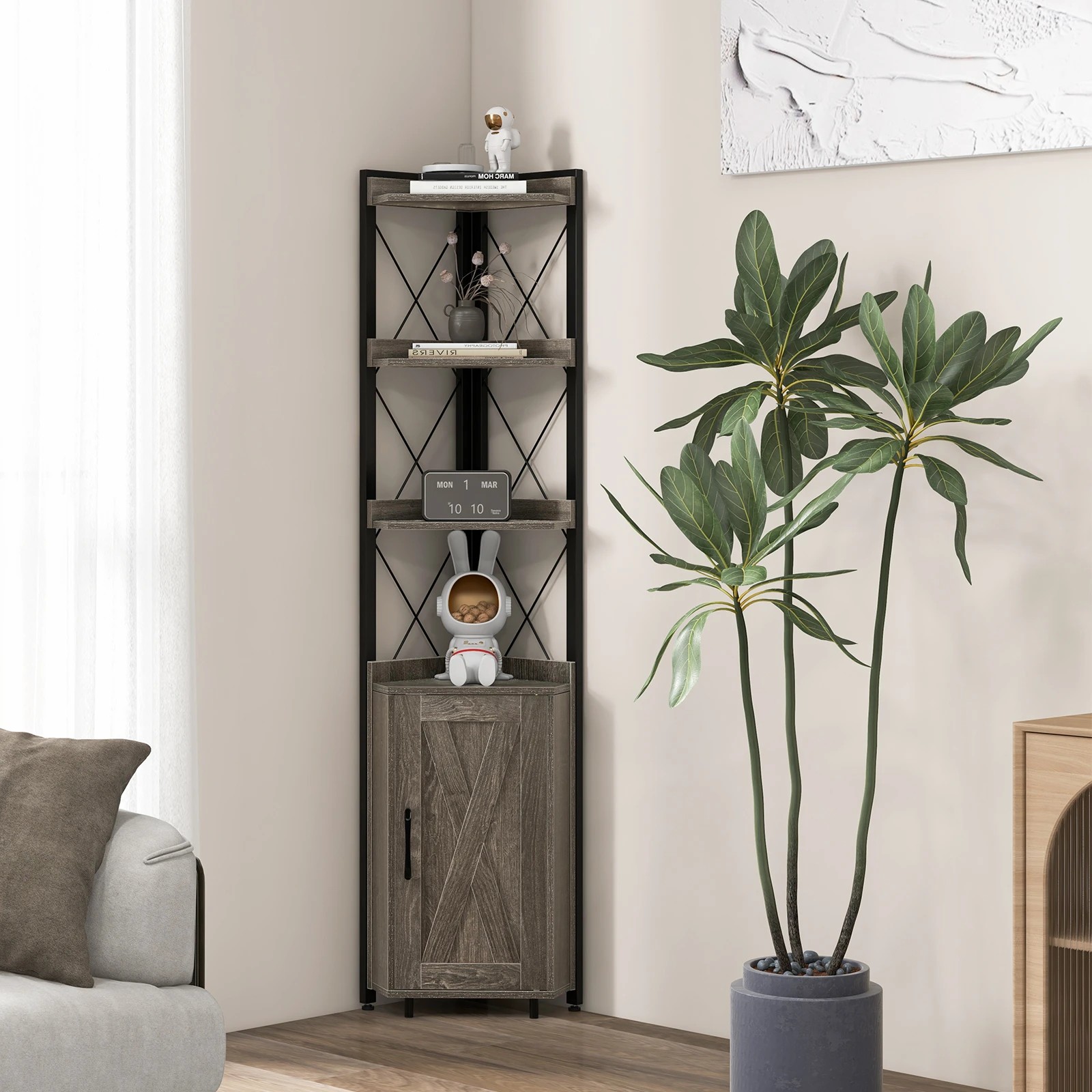 2 Costway 6-Tier Corner Bookcase Corner Shelf Display Storage Rack w/Cabinet Standing Bookshelf - Grey, 2 of 4