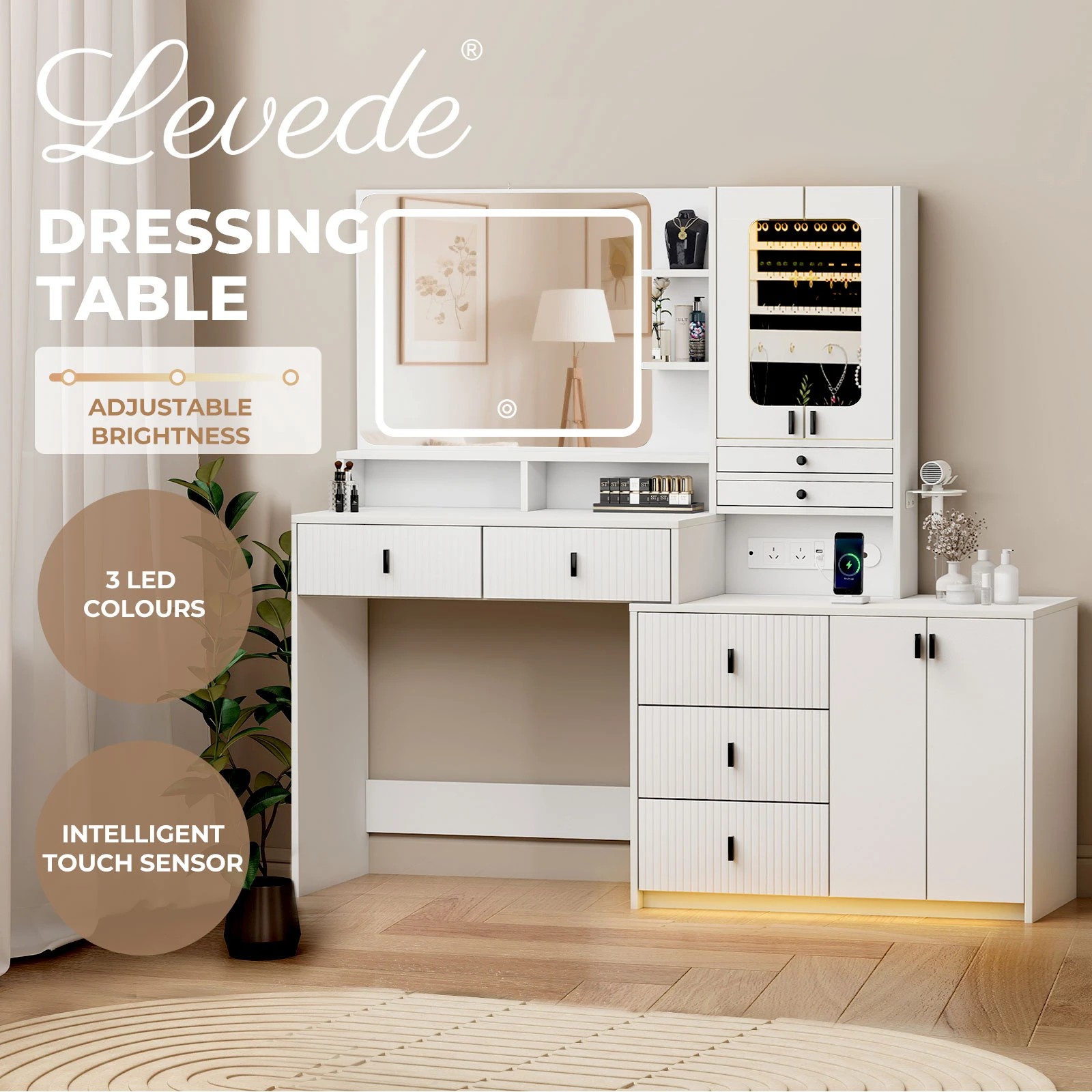 1 Levede Dressing Table Vanity Desk With Mirror And Lights - White, 1 of 9