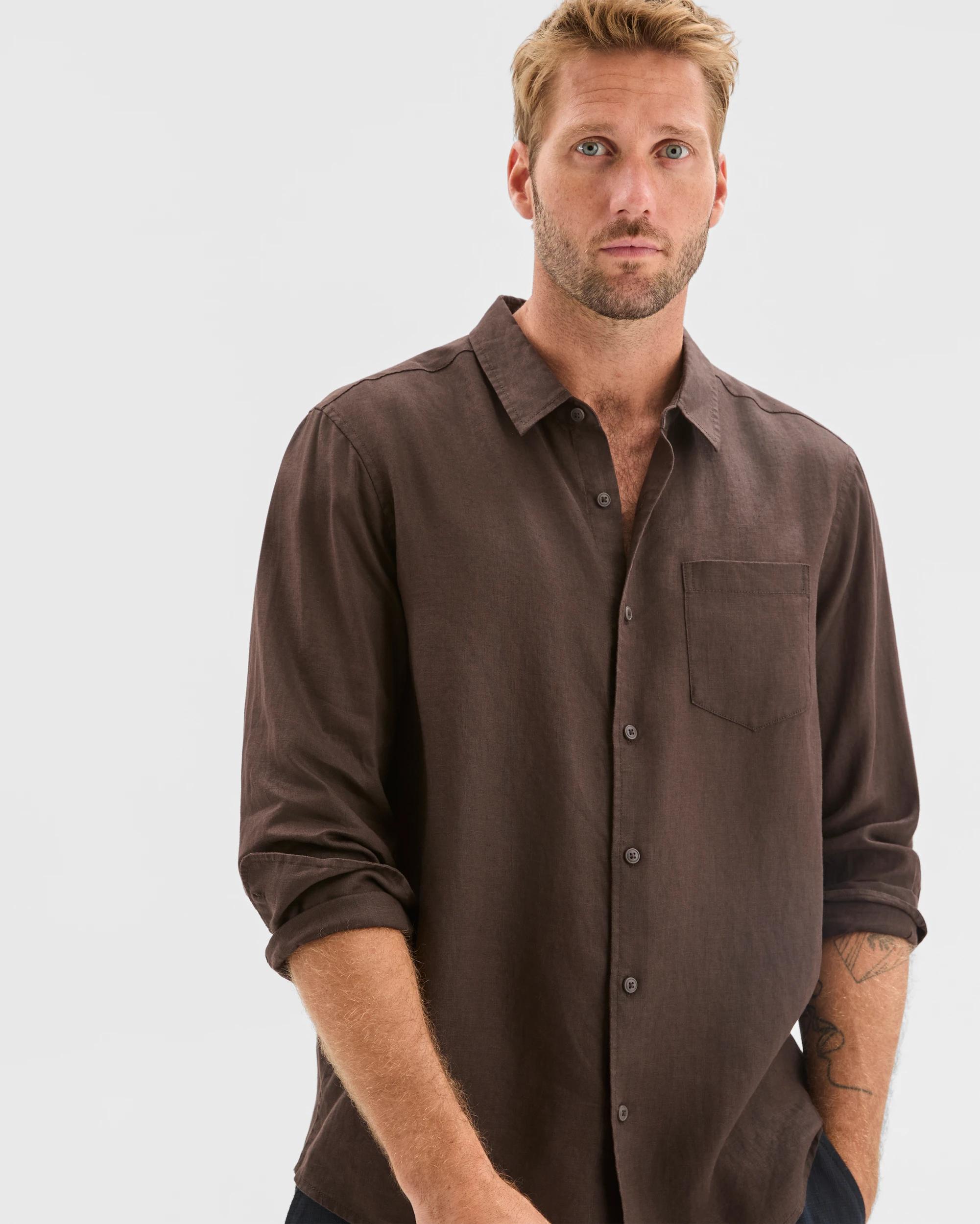 1 Target Man European Linen Long Sleeve Shirt CHOCOLATE, 1 of 5
