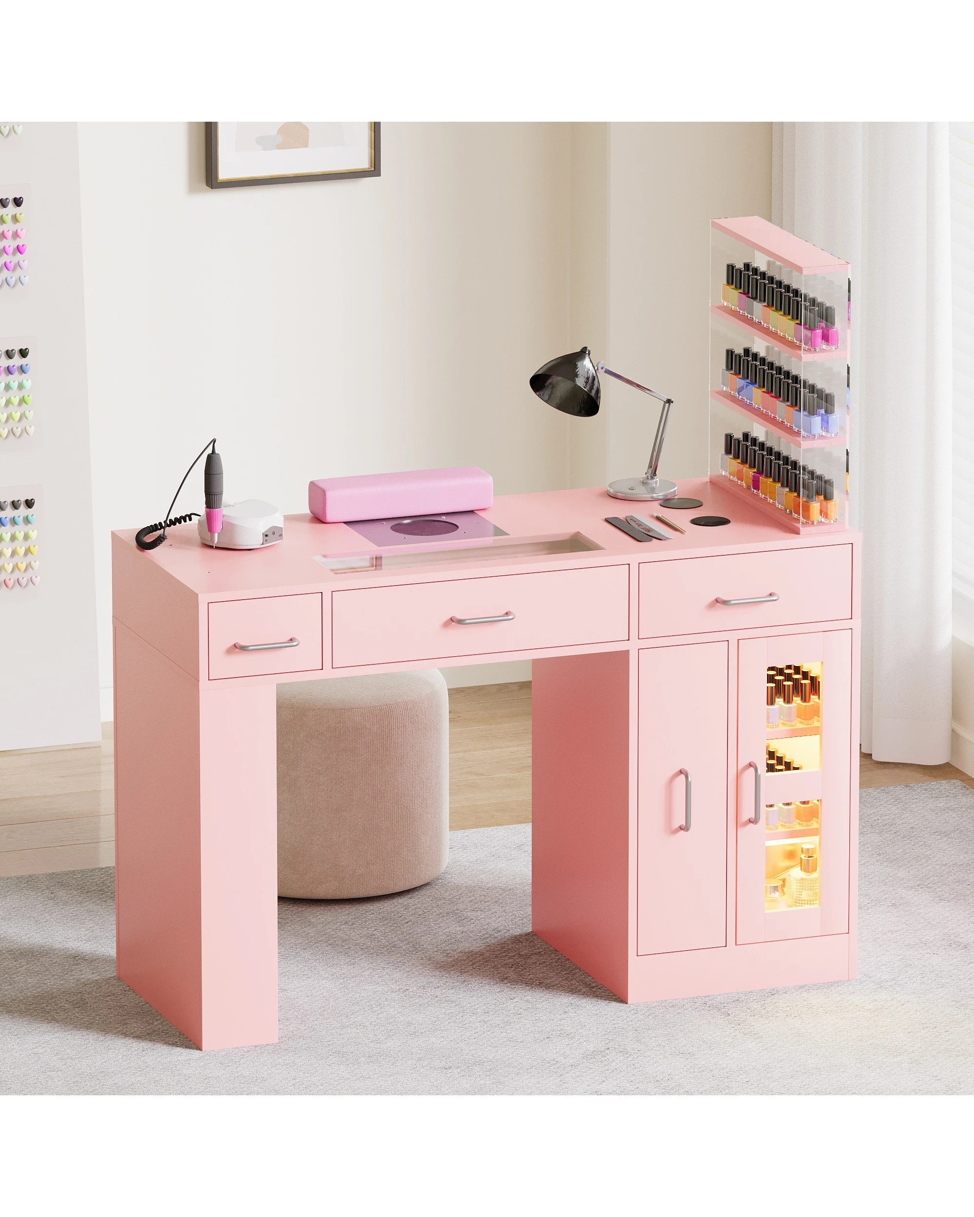 3 Advwin Vanity Nail Desk Manicure Table w/Glass Top Drawer Dust Collector Wireless Charging LED Light - Pink, 3 of 9