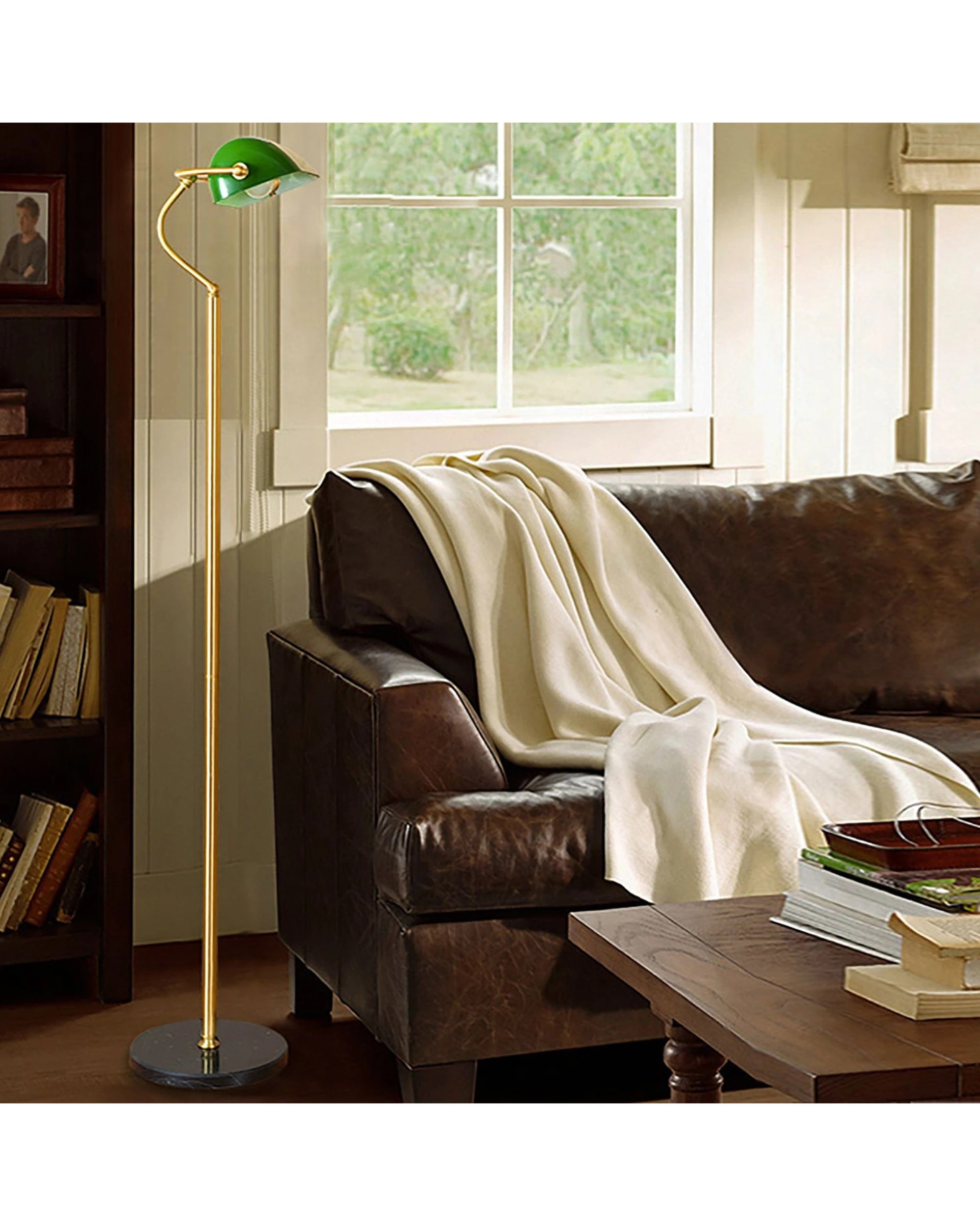 4 Oriel Lighting Bankers Floor Antique Brass With Glass Shade - Green, 4 of 4
