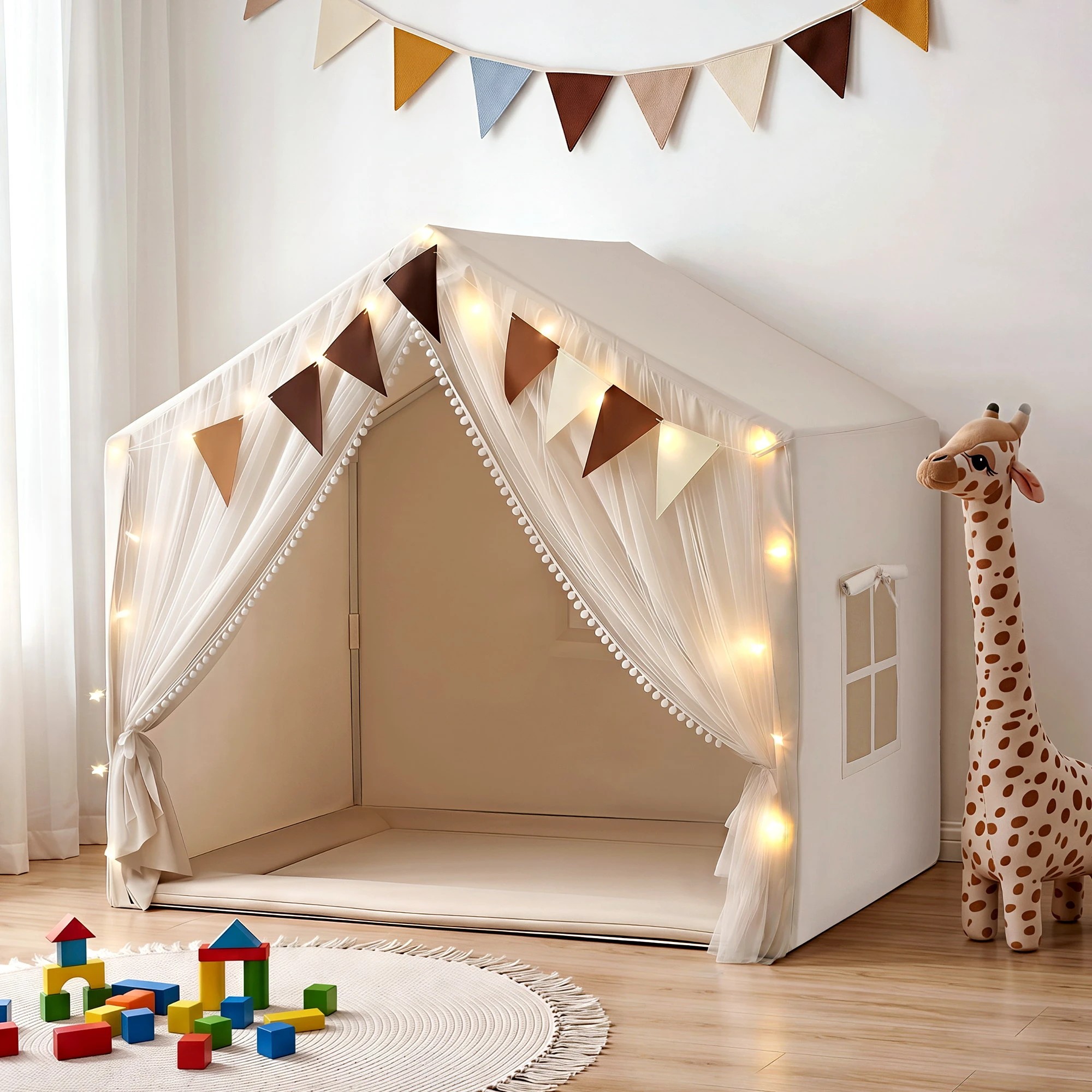 8 Keezi Kids Play Tent with Star Lights, Windows & Flag – 144x95cm Indoor Playhouse - Beige, 8 of 8