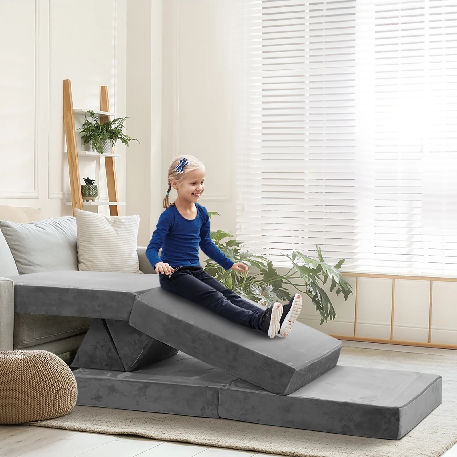 5 Oikiture 4Pcs Kids Sofa Play Couch Modular Lounge Cushion Convertible Playset - Grey, 5 of 8