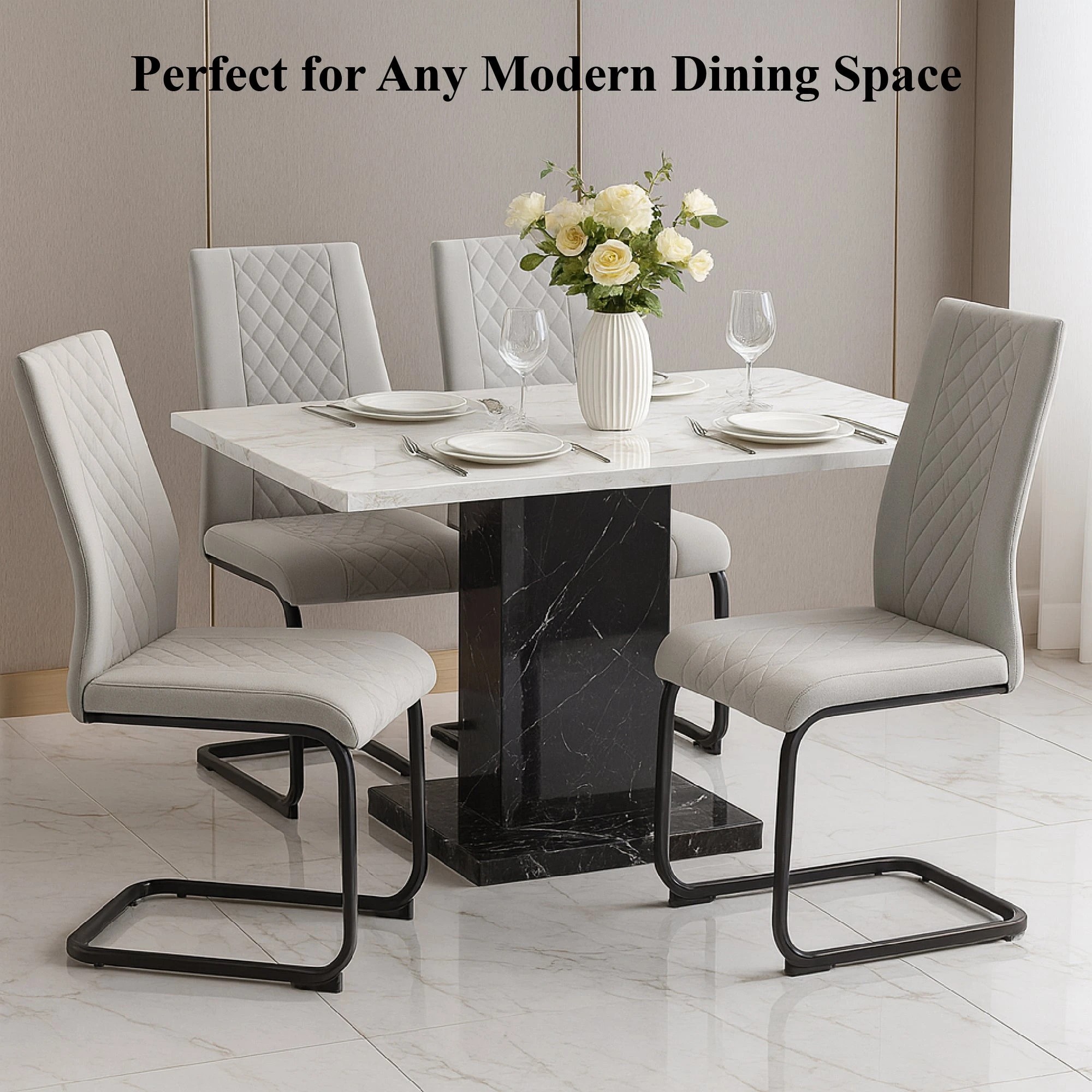 2 Foret Grey Dining Chairs 4pcs Diamond Stitch Design Black Metal Legs Modern, 2 of 10