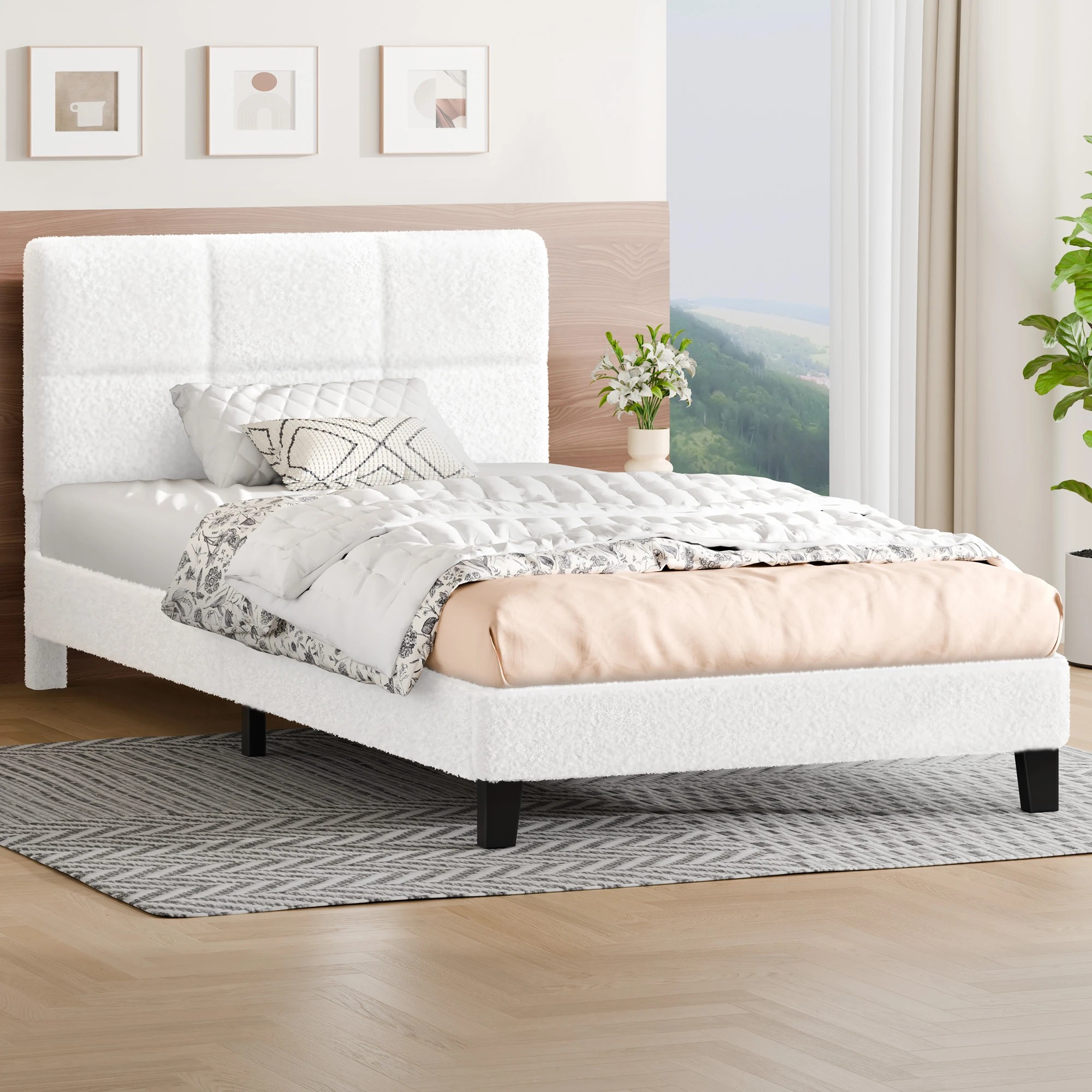 2 Alfordson Bed Frame Single Size Tufted Headboard Boucle - White, 2 of 9