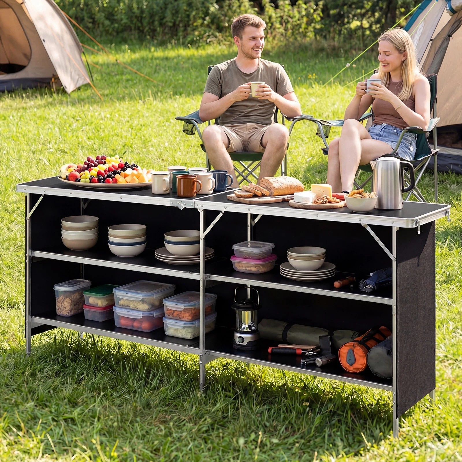 3 Costway 2Tier Folding Camping Table Aluminum Large Portable Picnic Table Open Shelf w/Bag - Black, 3 of 4