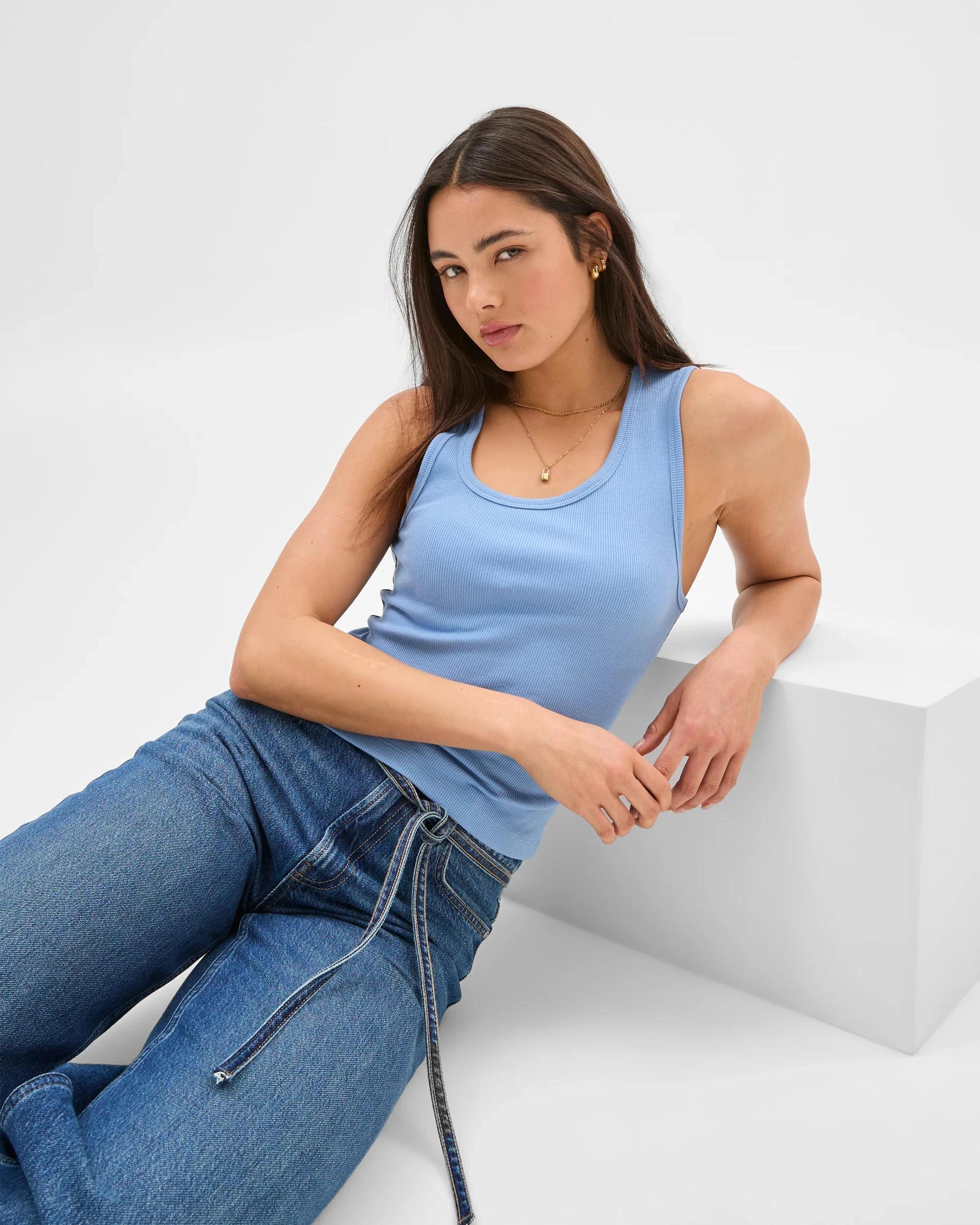 6 Australian Cotton Asymmetrical Neck Tank Top - Lily Loves CORNFLOWER, 6 of 6