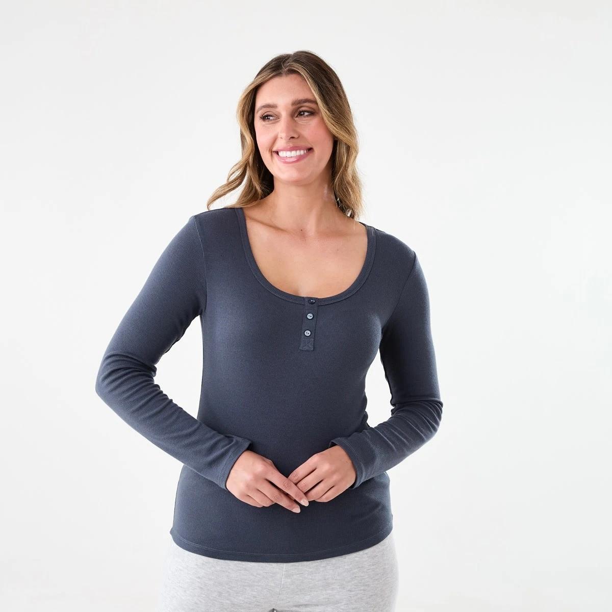 1 Long Sleeve Rib Henley Top Shadw Navy, 1 of 6