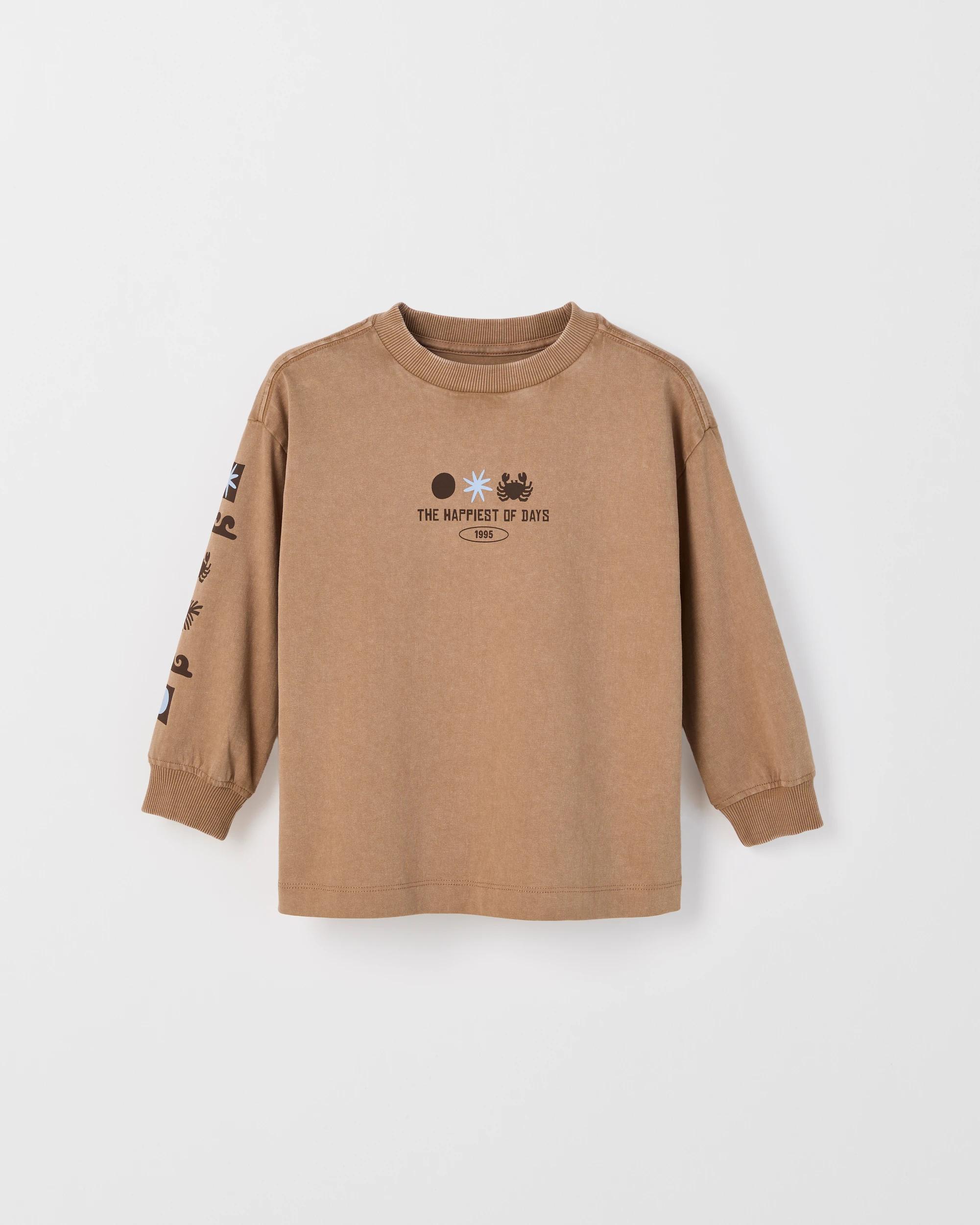 1 Target Kids Australian Cotton Long Sleeve Washed Print T-Shirt SURF BROWN, 1 of 3